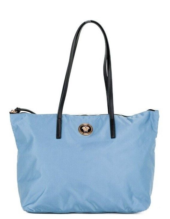 Versace Portuna Medusa Medium Cornflower Blue Nylon Leather Tote Bag Purse Versace