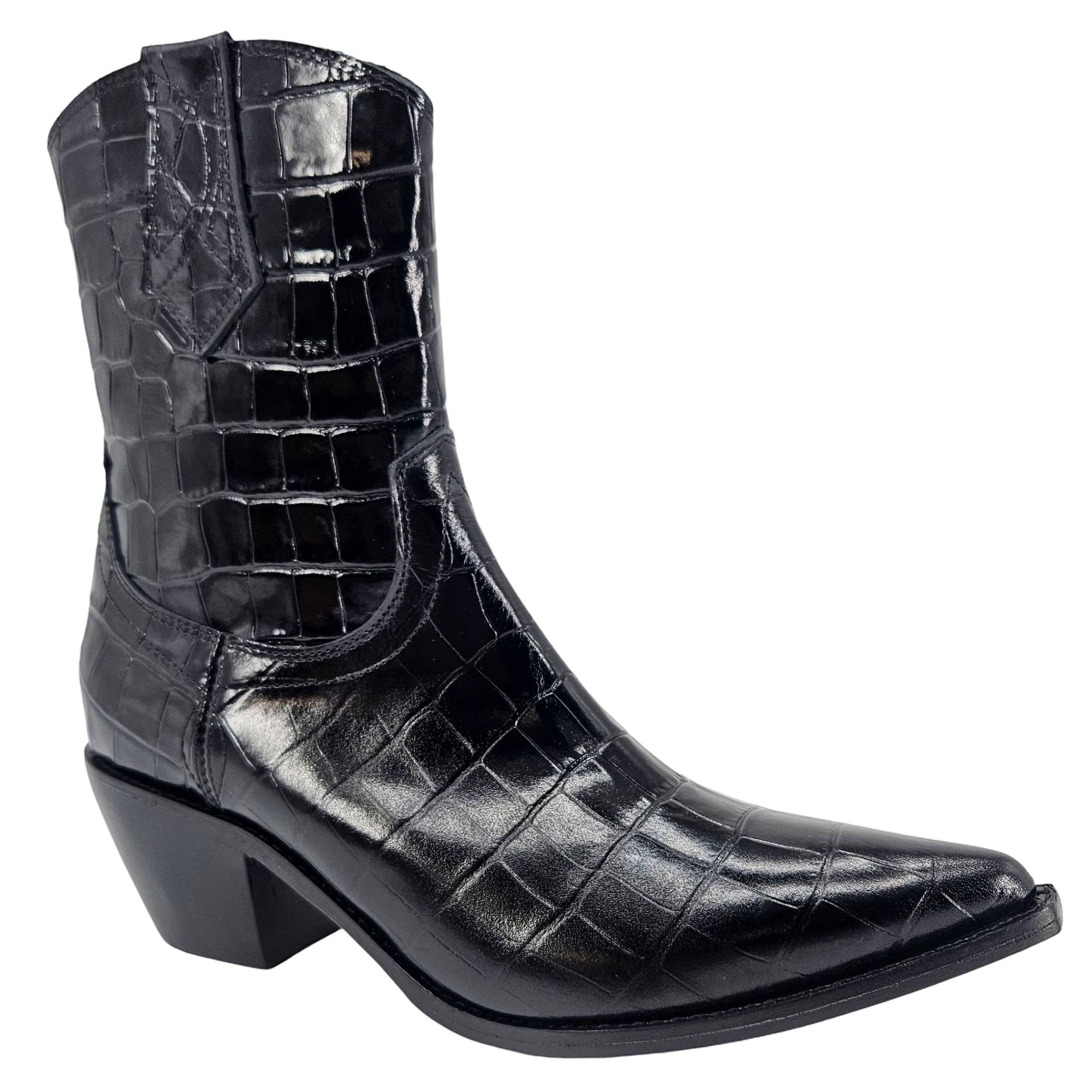 Black Leather Croc Embossed Pointy Ankle Boot