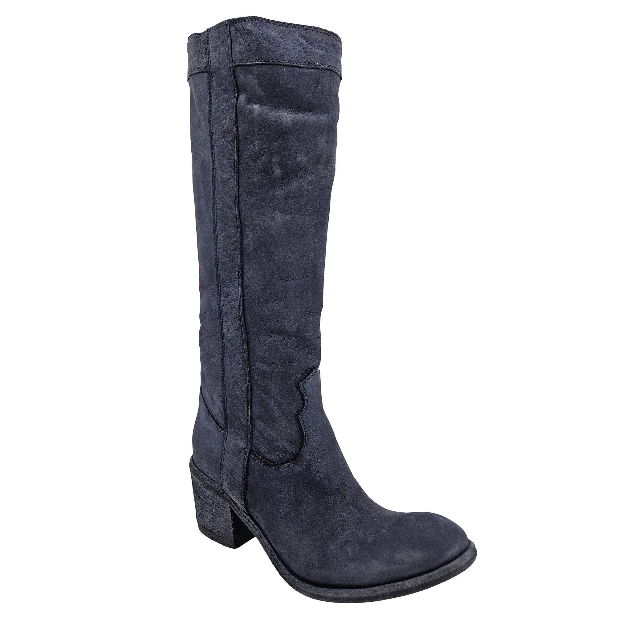 Navy Washed Leather Knee-High Pull-on Boot