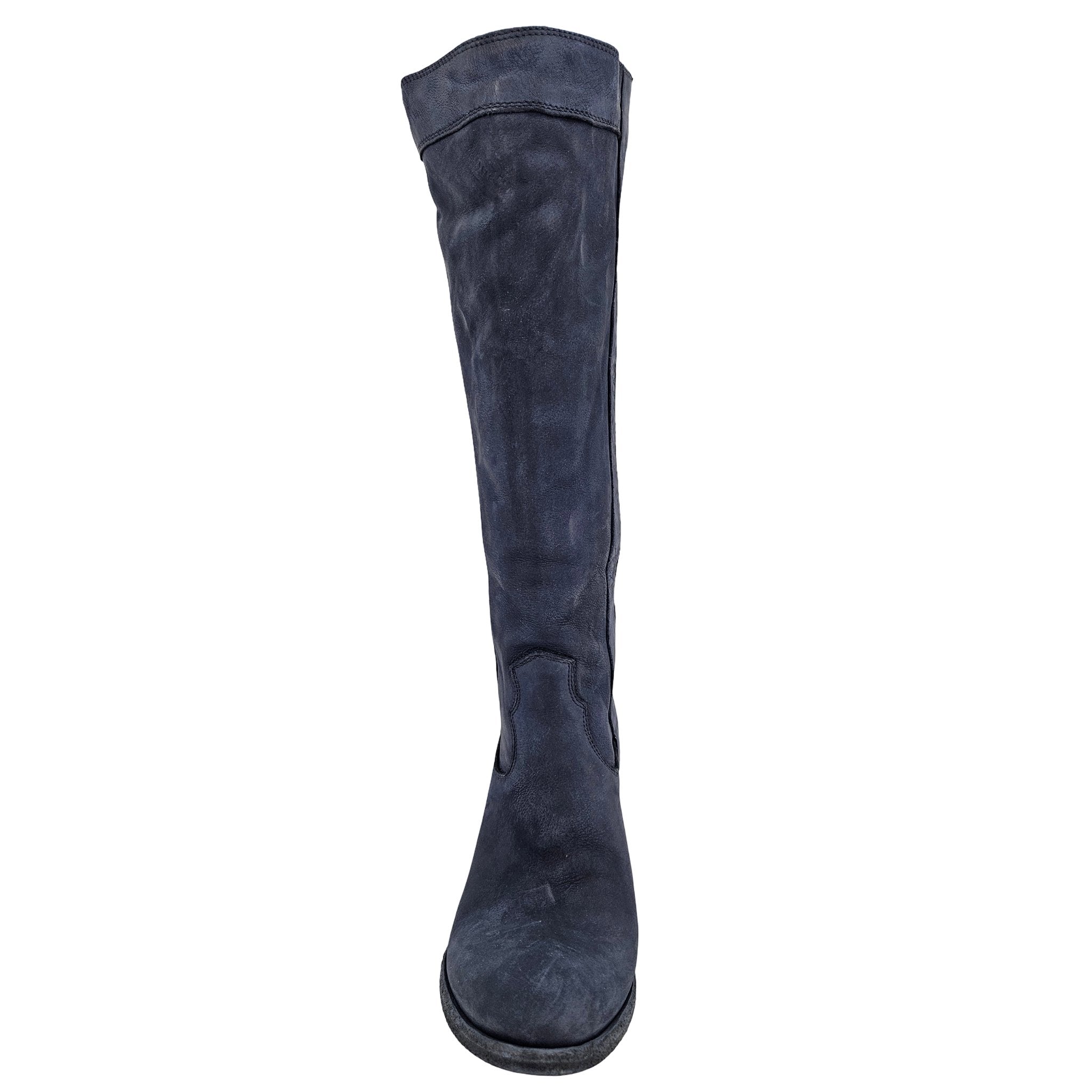 Navy Washed Leather Knee-High Pull-on Boot