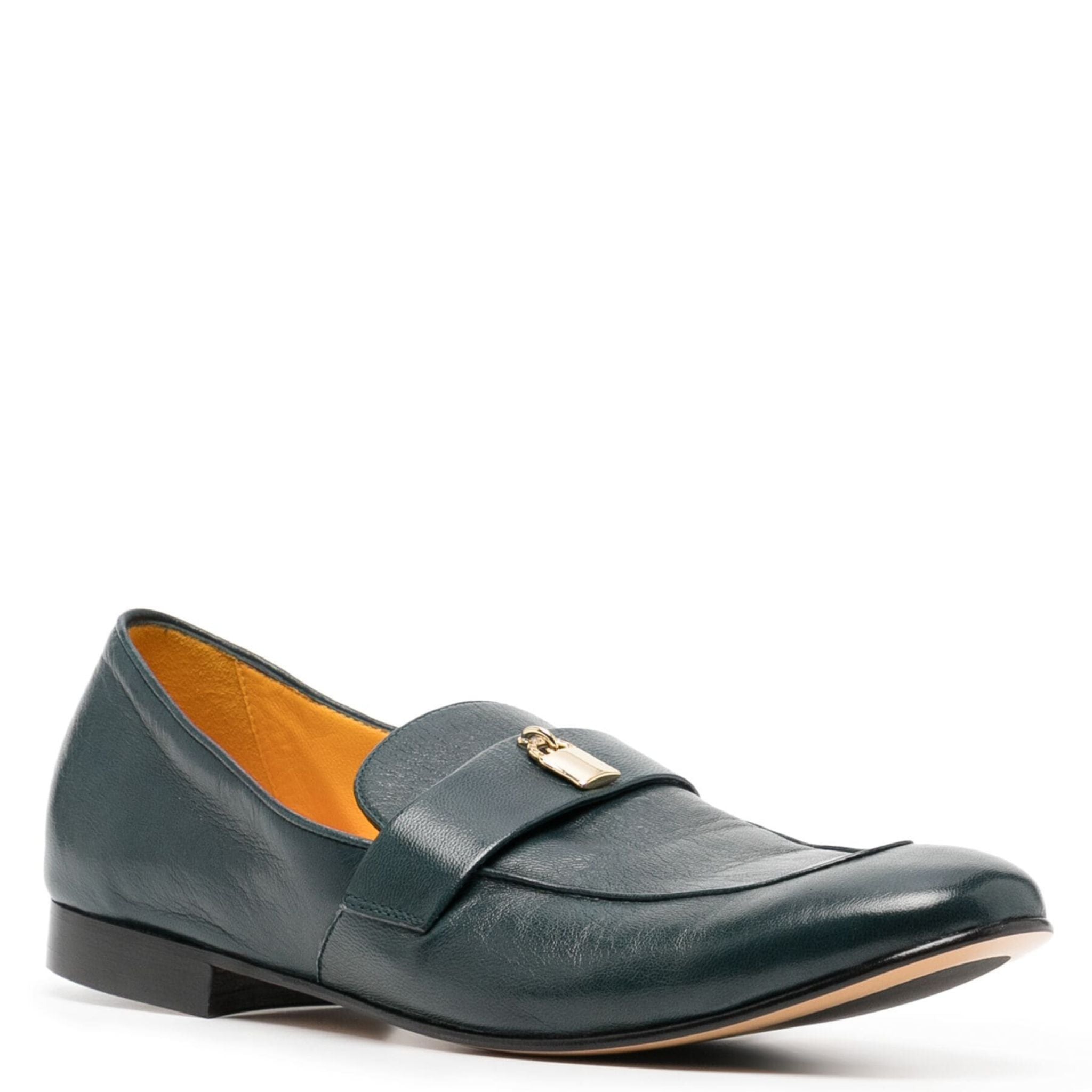 Teal Leather Lock Flat Loafer
