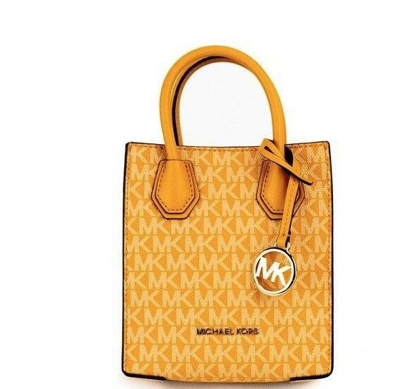 Michael Kors Mercer XS Honeycomb Gold Signature PVC North South Shopper Crossbody Bag.