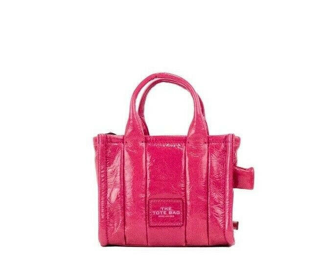 Marc Jacobs The Shiny Crinkle Micro Tote Magenta Leather Crossbody Bag Handbag.