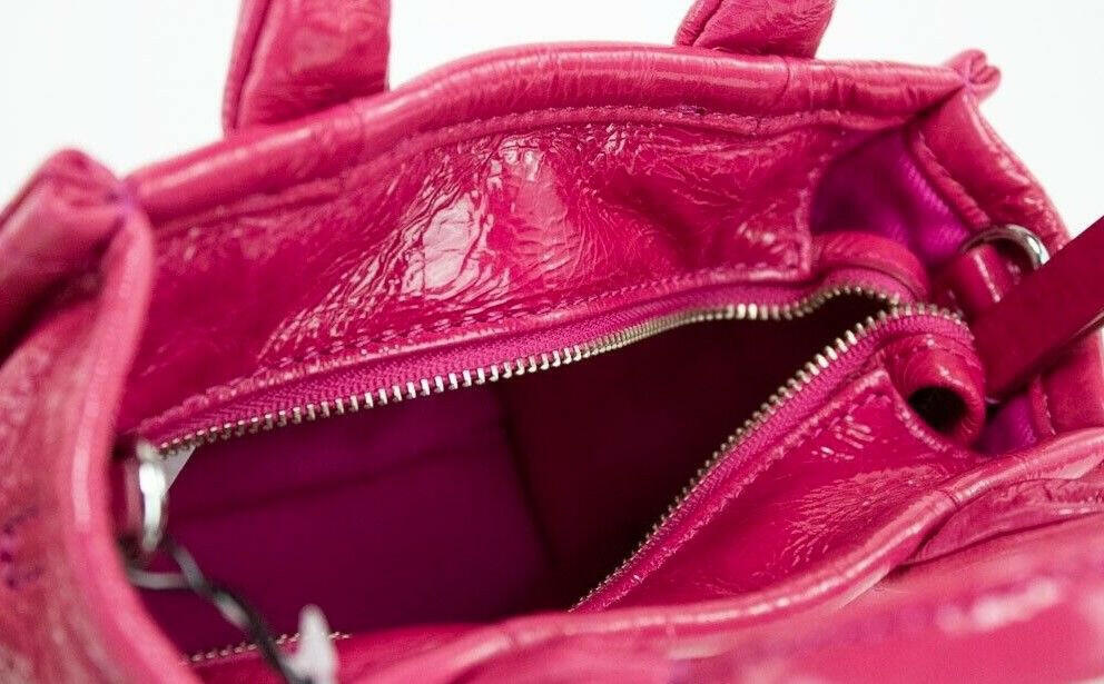 Marc Jacobs The Shiny Crinkle Micro Tote Magenta Leather Crossbody Bag Handbag.