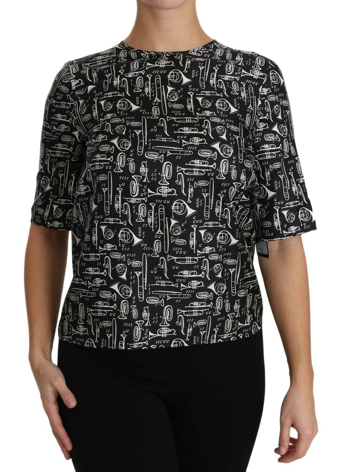 Dolce & Gabbana Black Musical Instruments Print Silk Blouse.