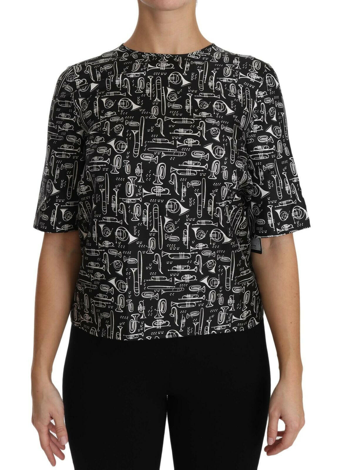 Dolce & Gabbana Black Musical Instruments Print Silk Blouse.