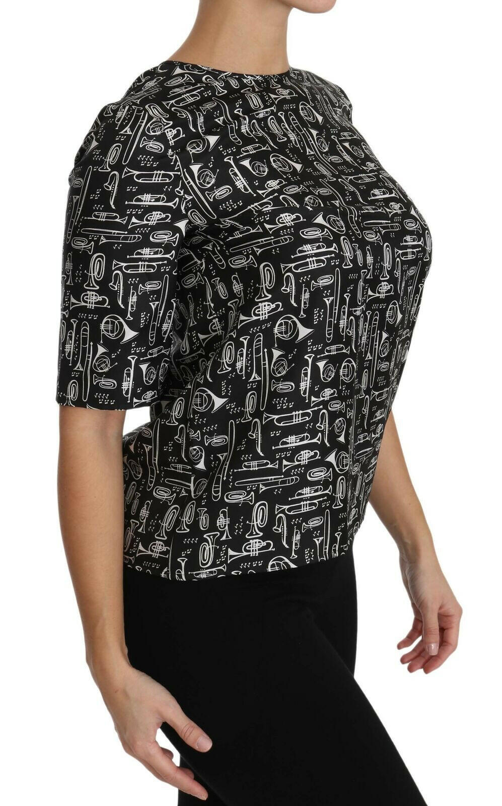 Dolce & Gabbana Black Musical Instruments Print Silk Blouse.