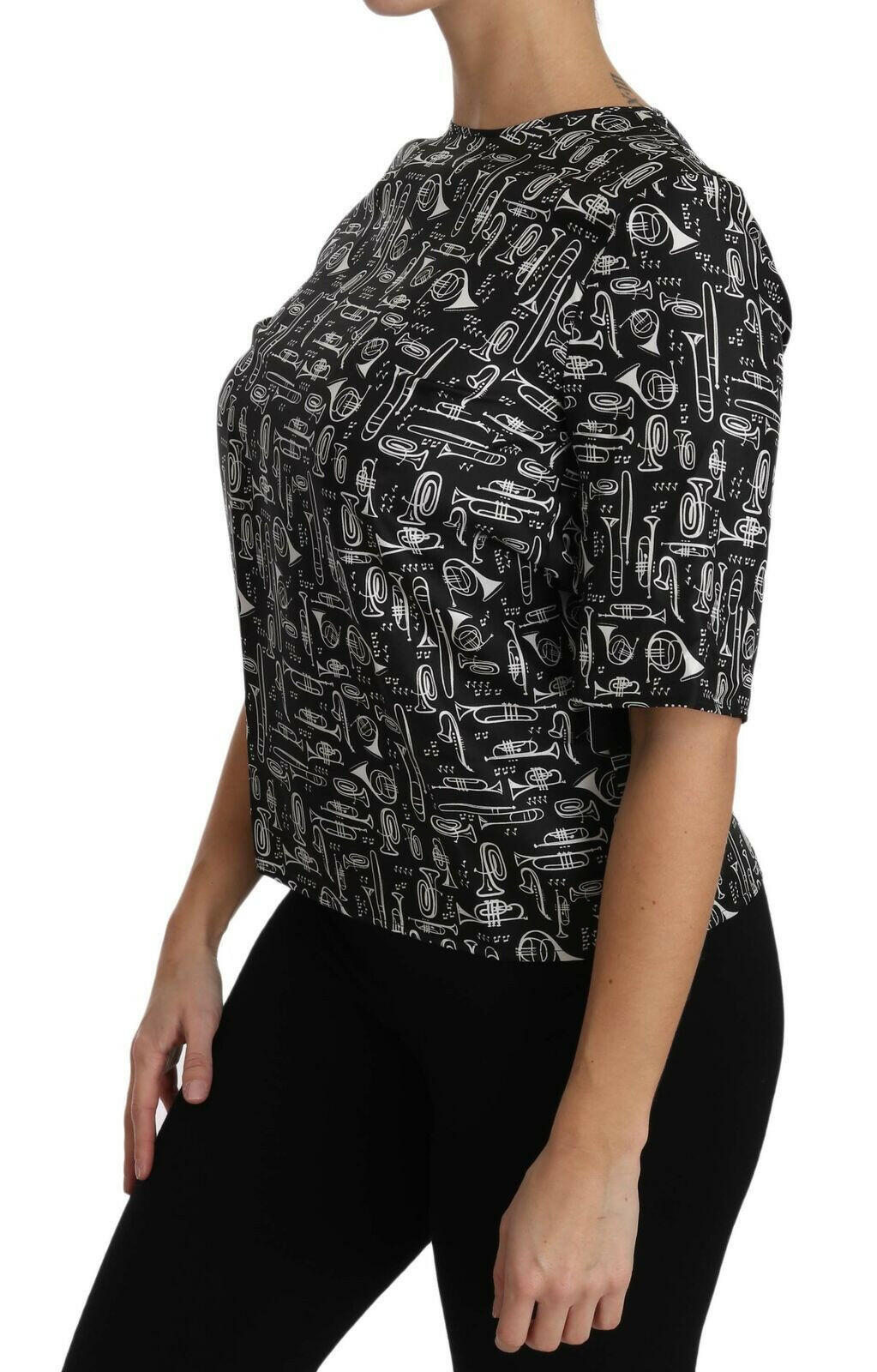 Dolce & Gabbana Black Musical Instruments Print Silk Blouse.