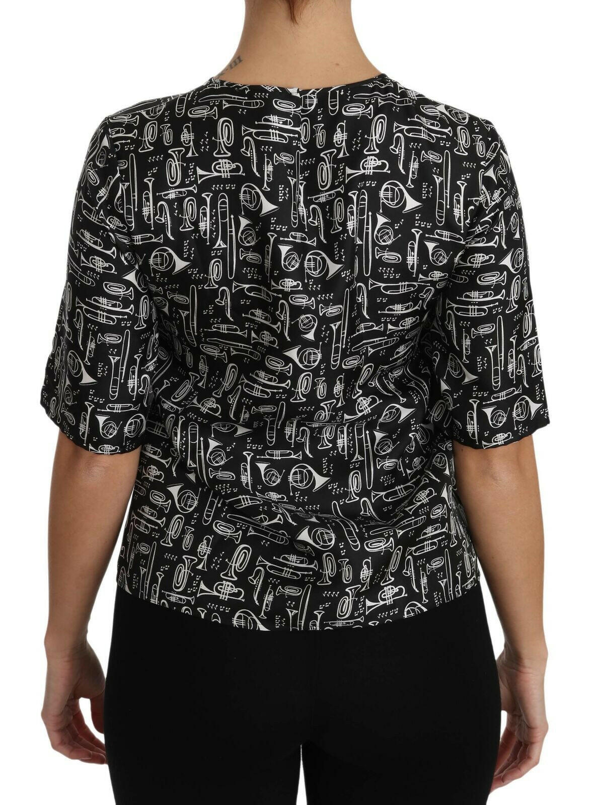 Dolce & Gabbana Black Musical Instruments Print Silk Blouse.