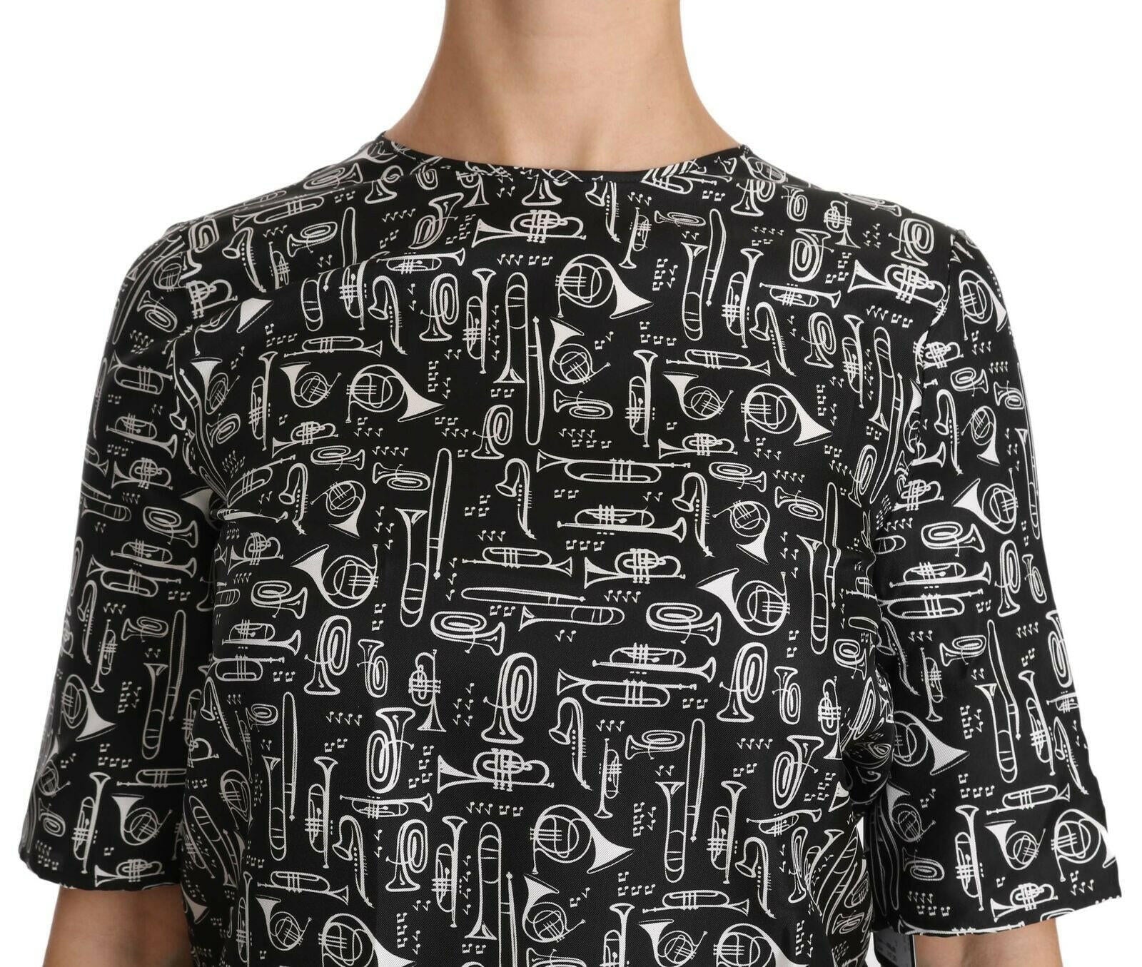 Dolce & Gabbana Black Musical Instruments Print Silk Blouse.