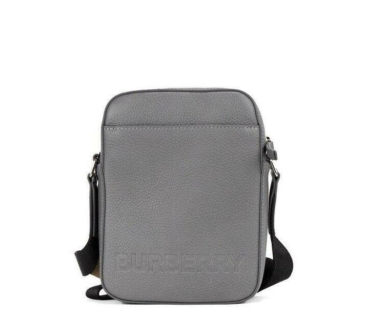 Burberry Thornton Small Grey Embossed Logo Grainy Leather Crossbody Handbag.