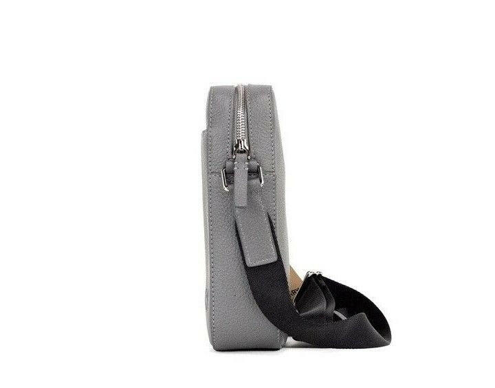 Burberry Thornton Small Grey Embossed Logo Grainy Leather Crossbody Handbag.