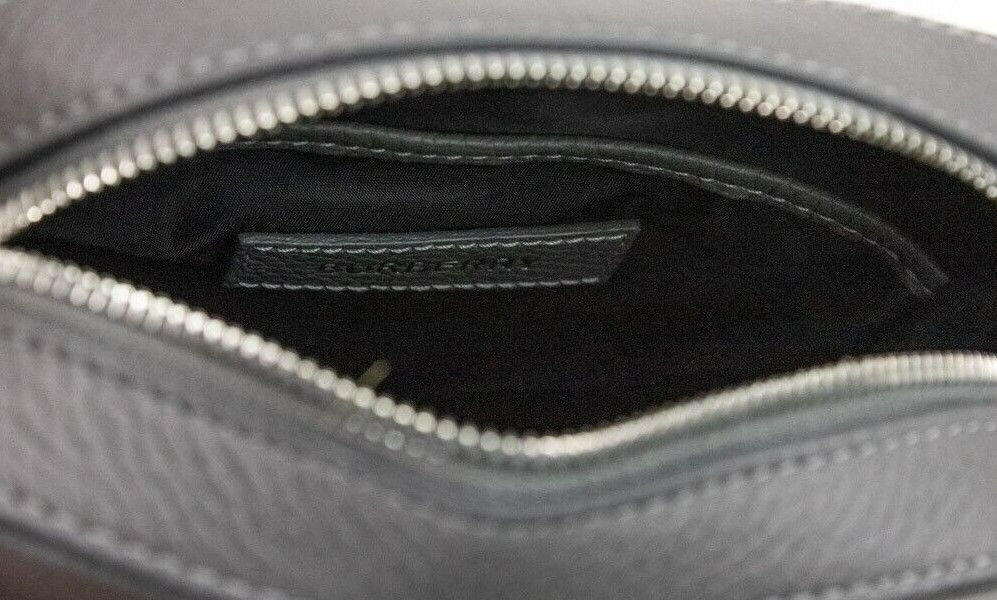 Burberry Thornton Small Grey Embossed Logo Grainy Leather Crossbody Handbag.