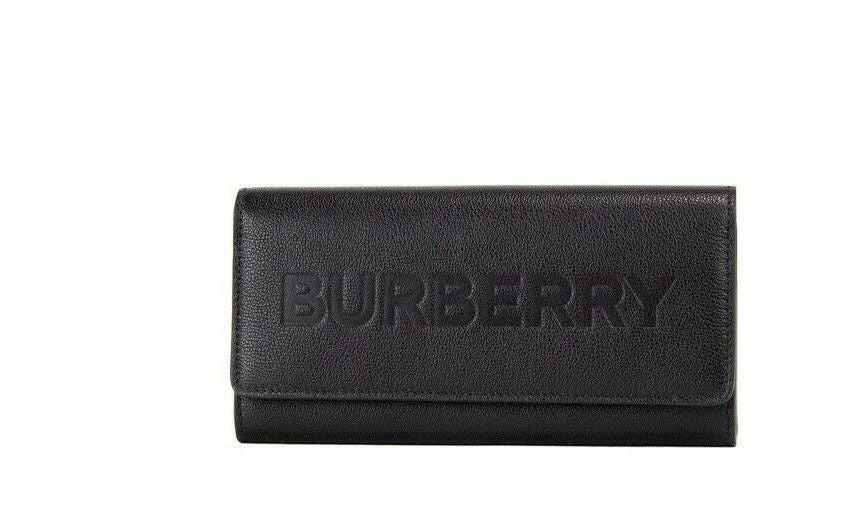 Burberry Porter Black Grained Leather Branded Logo Embossed Clutch Flap Wallet.
