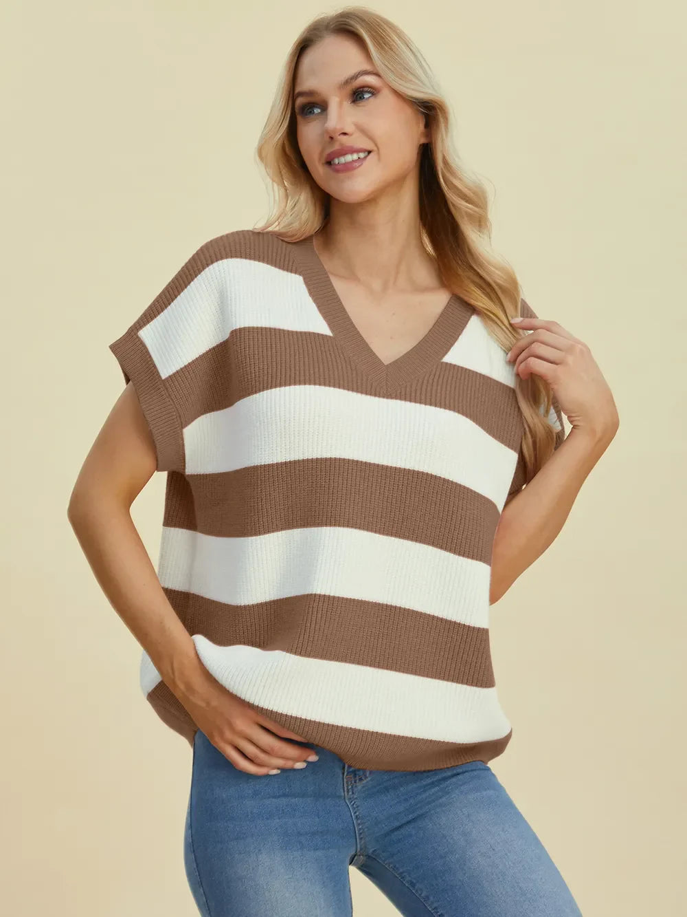 Double Take Full Size Striped V-Neck Short Sleeve Sweater.