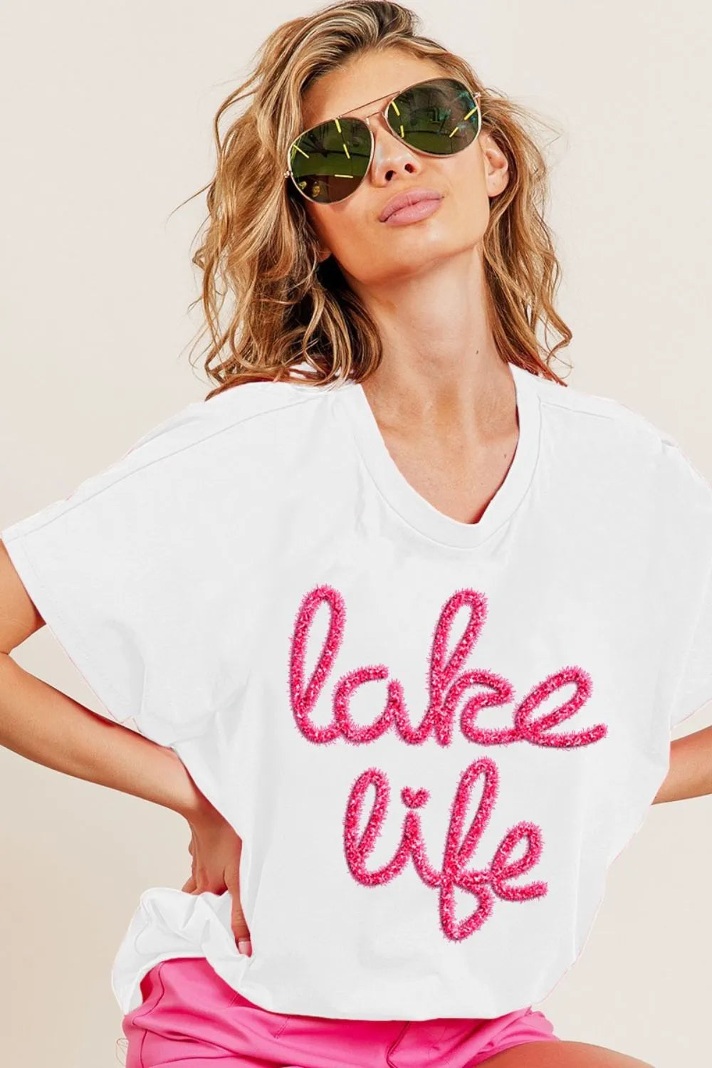 BiBi Metallic Letter Short Dolman Sleeve Top.