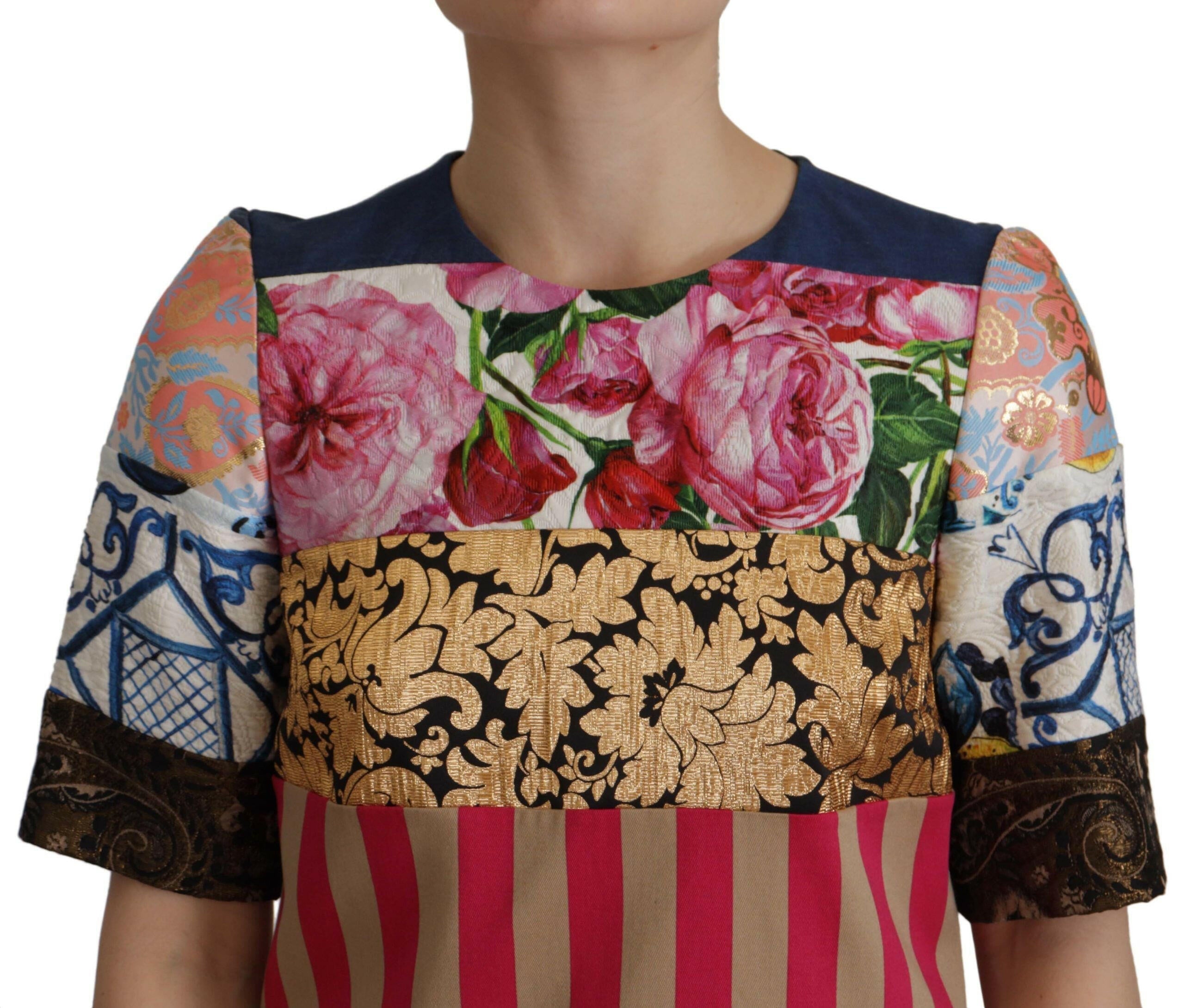 Dolce & Gabbana Multicolor Pachwork Floral Sheath Jaquard Mini Gown Dress.