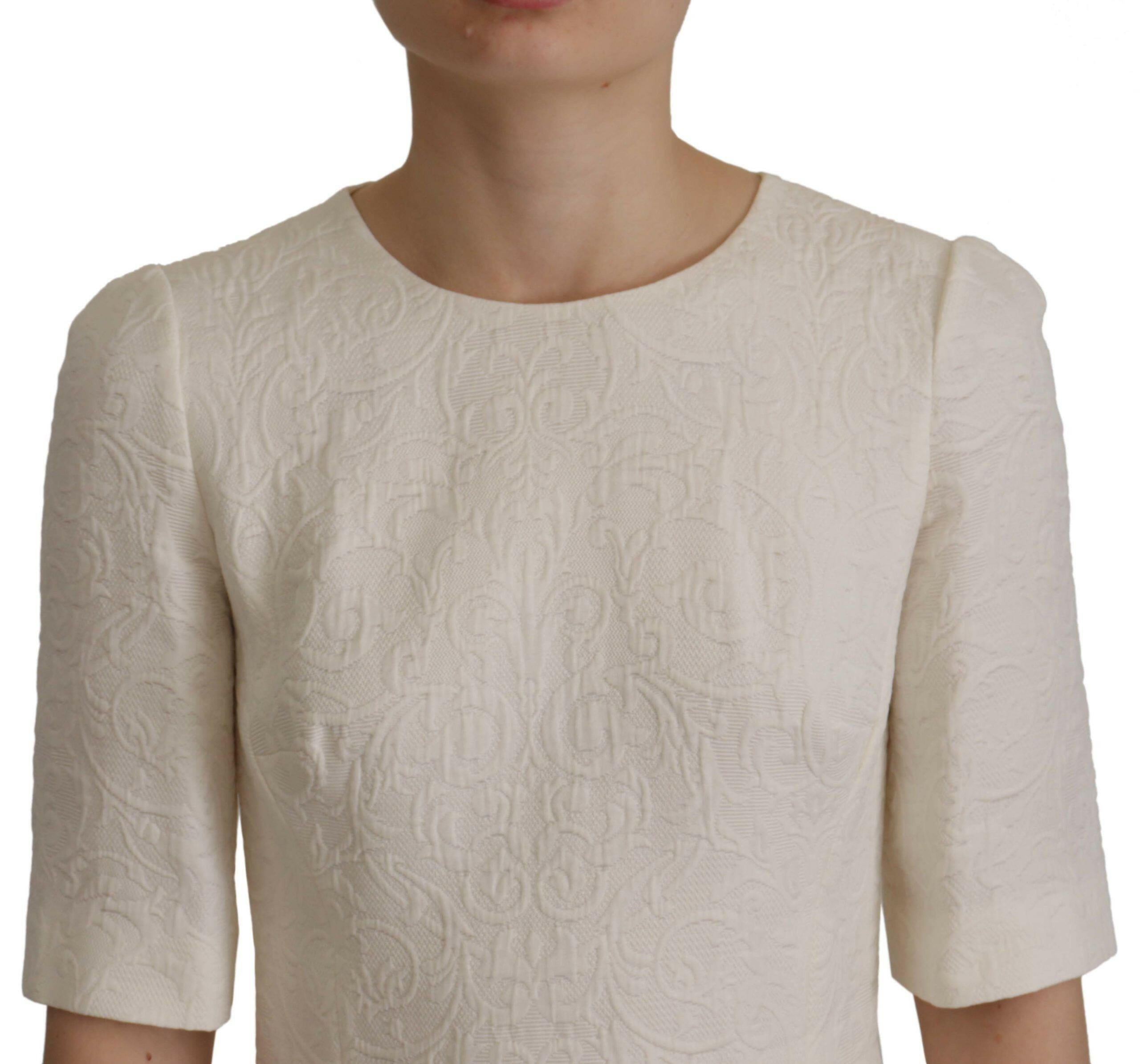 Dolce & Gabbana White Jaquard Midi Floral Sheath Brocade Dress.