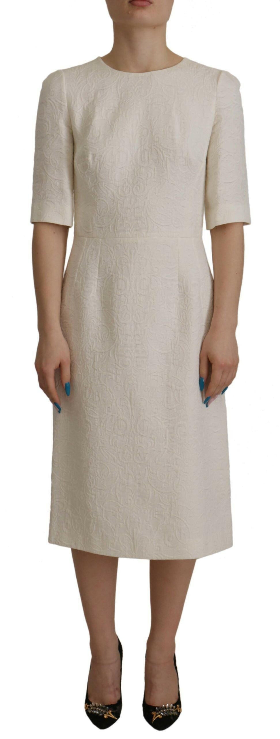 Dolce & Gabbana White Jaquard Midi Floral Sheath Brocade Dress.
