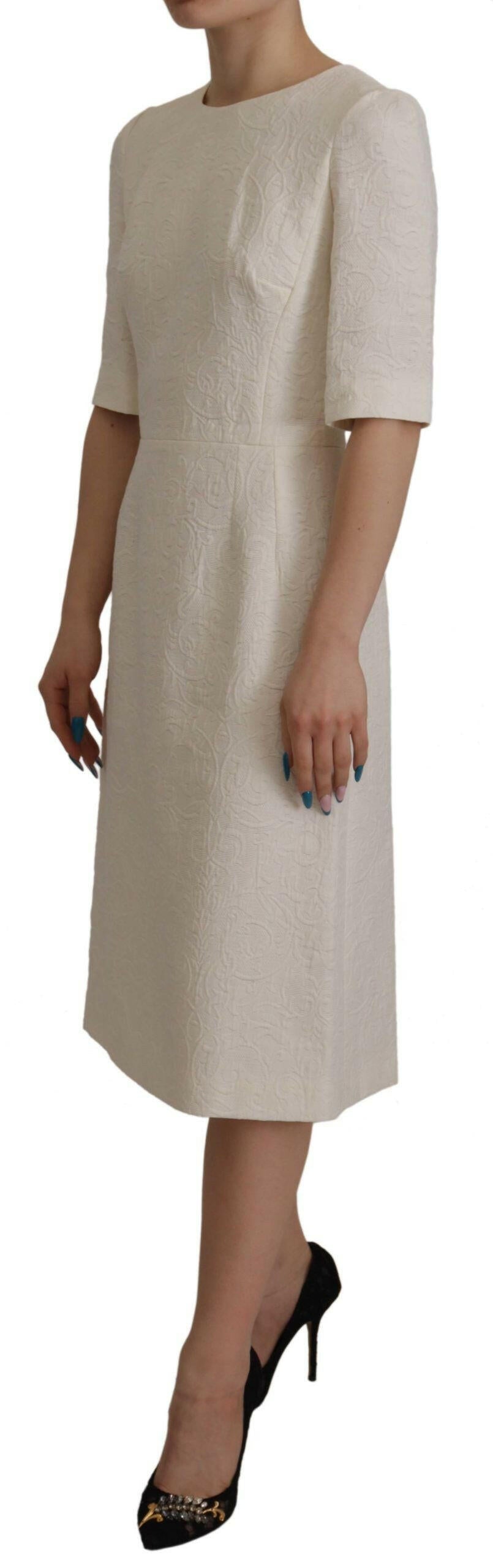Dolce & Gabbana White Jaquard Midi Floral Sheath Brocade Dress.