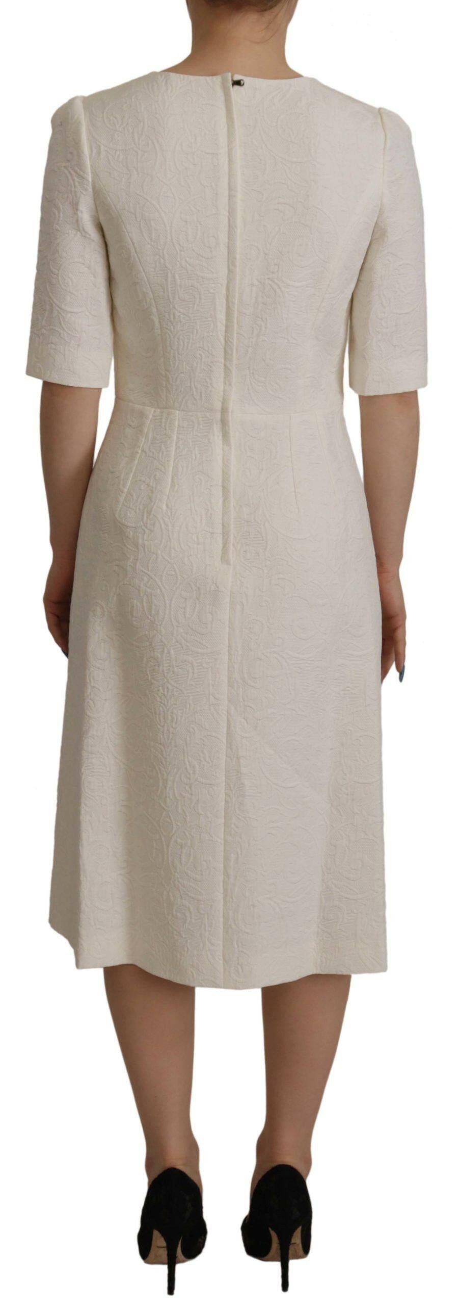 Dolce & Gabbana White Jaquard Midi Floral Sheath Brocade Dress.