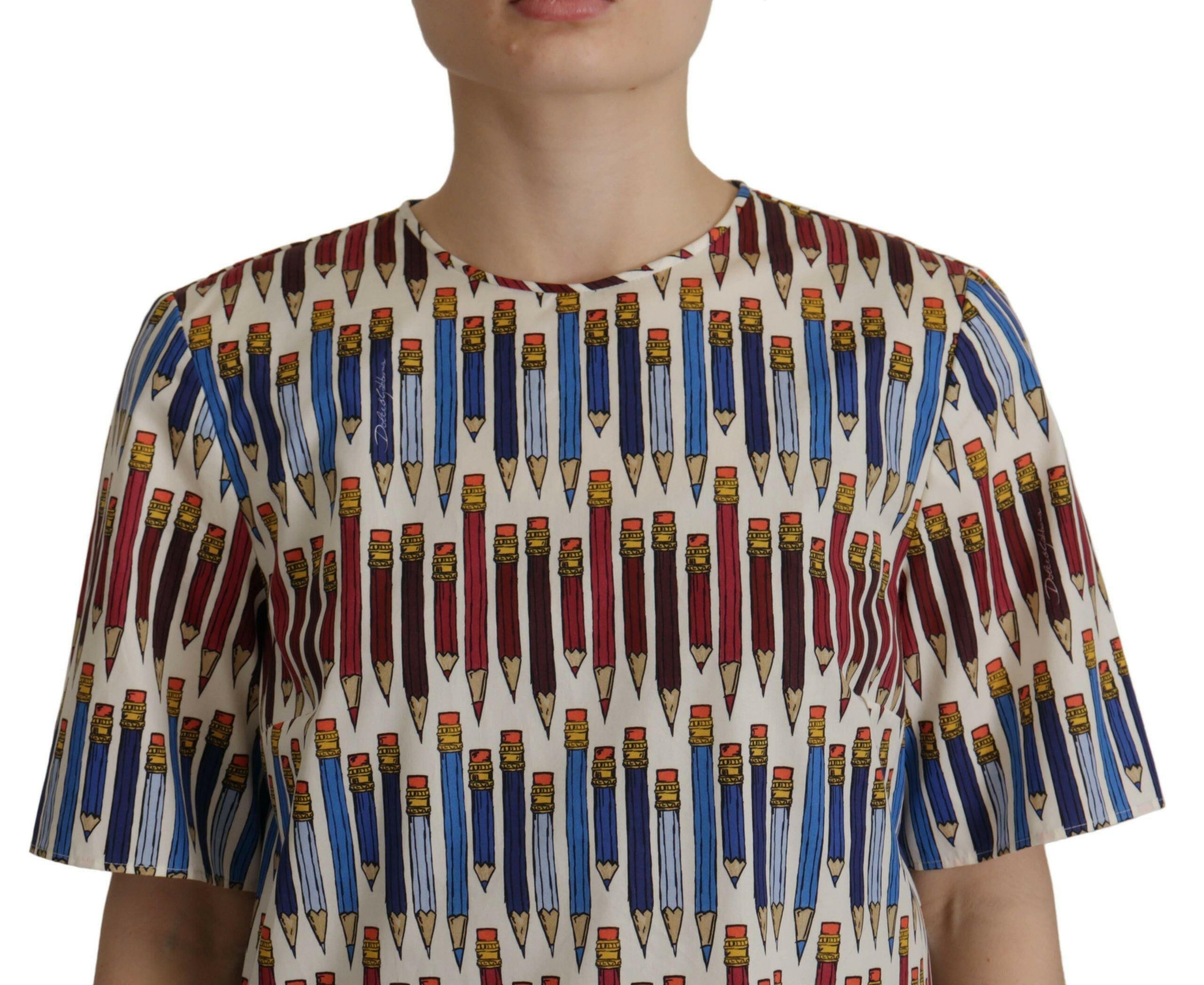 Dolce & Gabbana White Pencil Print Cotton T-shirt Blouse.