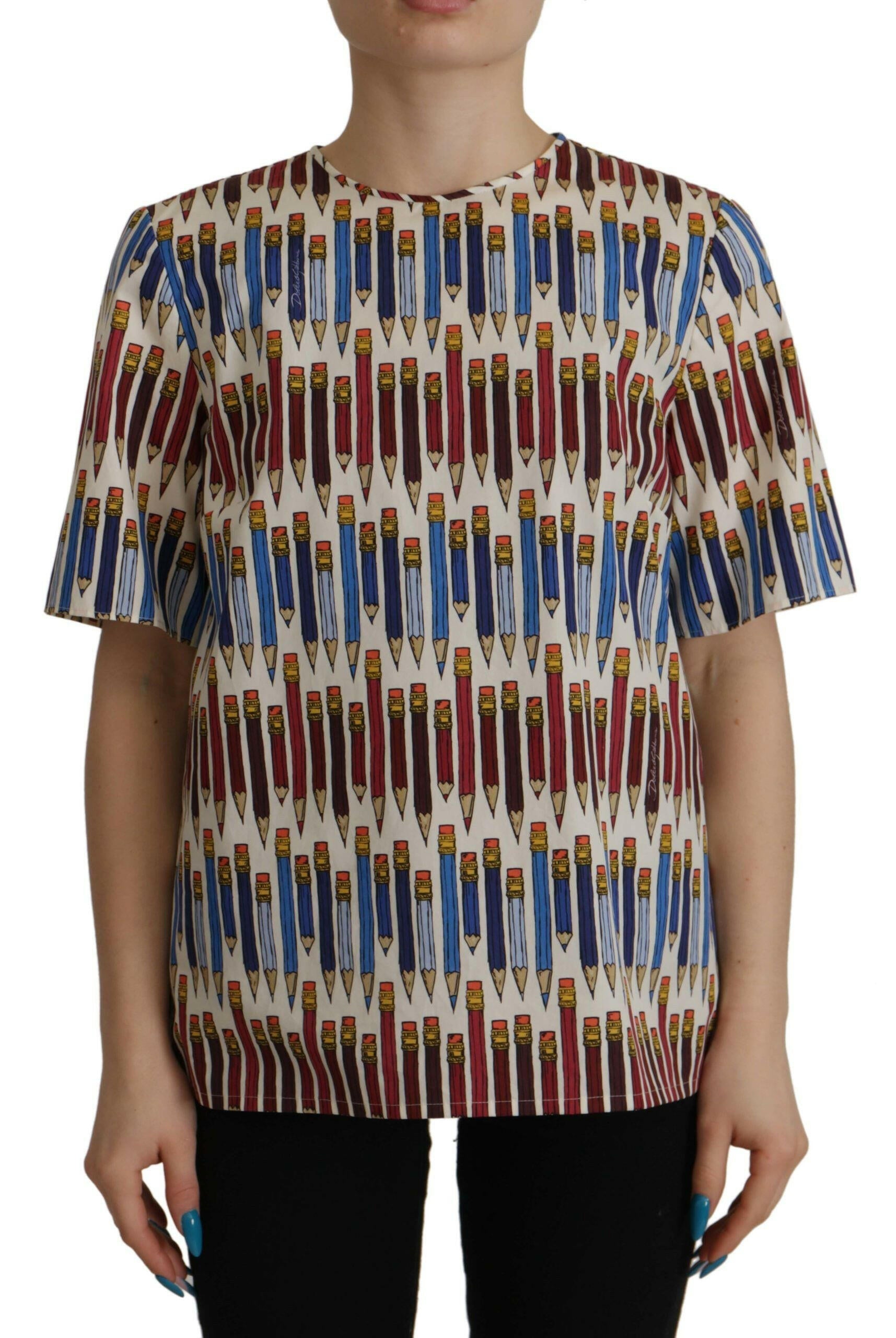 Dolce & Gabbana White Pencil Print Cotton T-shirt Blouse.