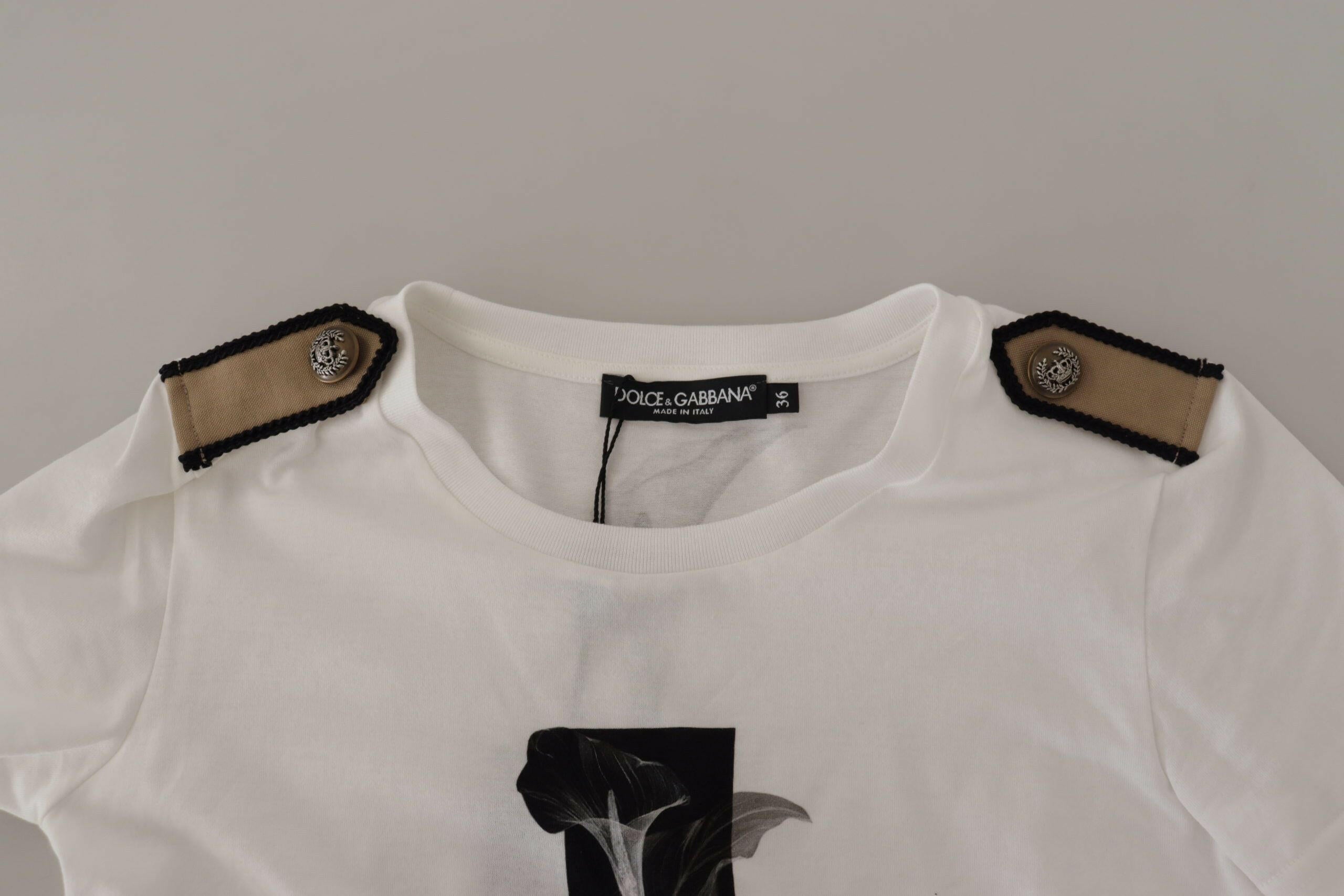 Dolce & Gabbana White Black Roses Crewneck Cotton  T-shirt.