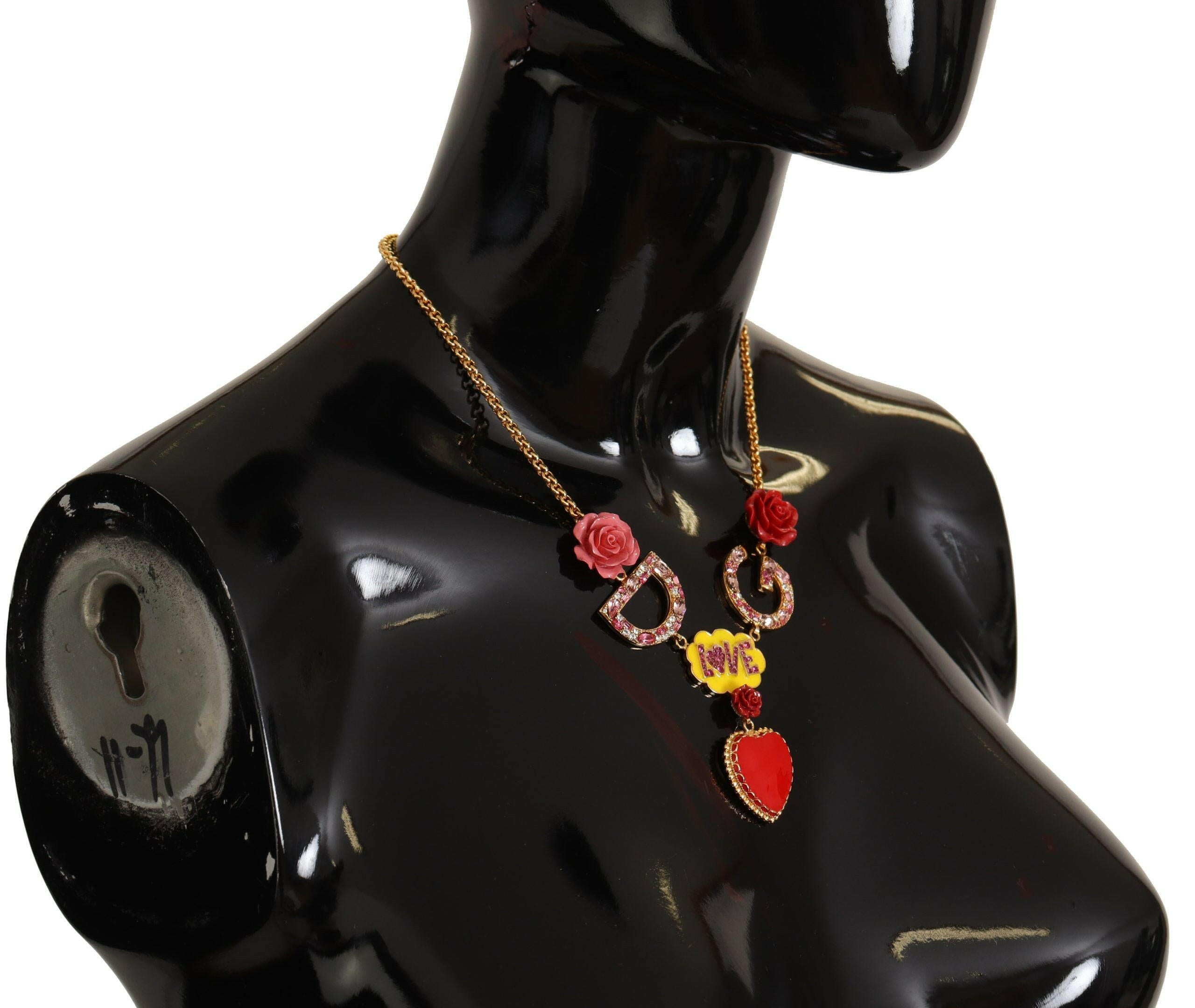Dolce & Gabbana Gold Rose Love Crystal Charm Chain Necklace.