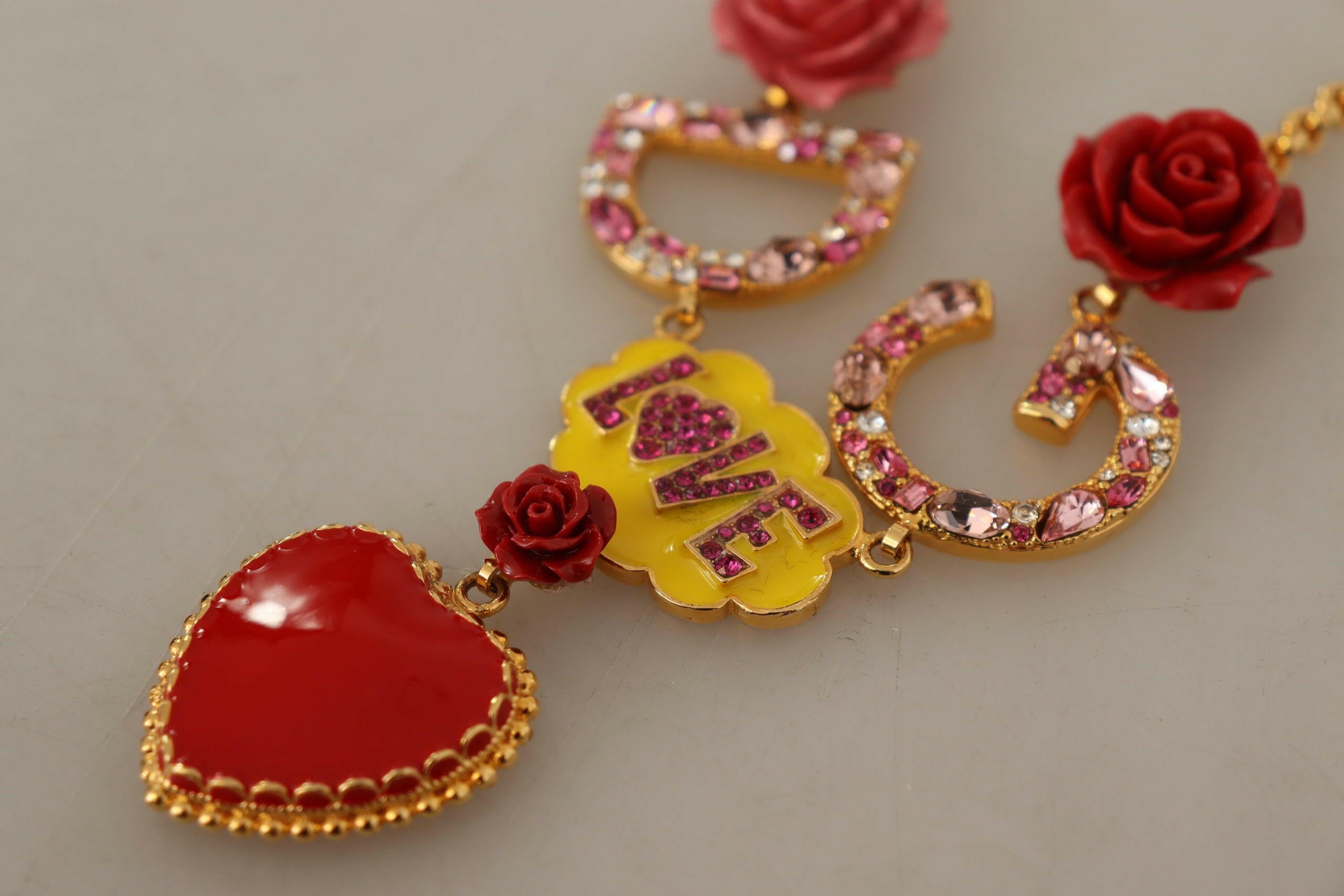 Dolce & Gabbana Gold Rose Love Crystal Charm Chain Necklace.