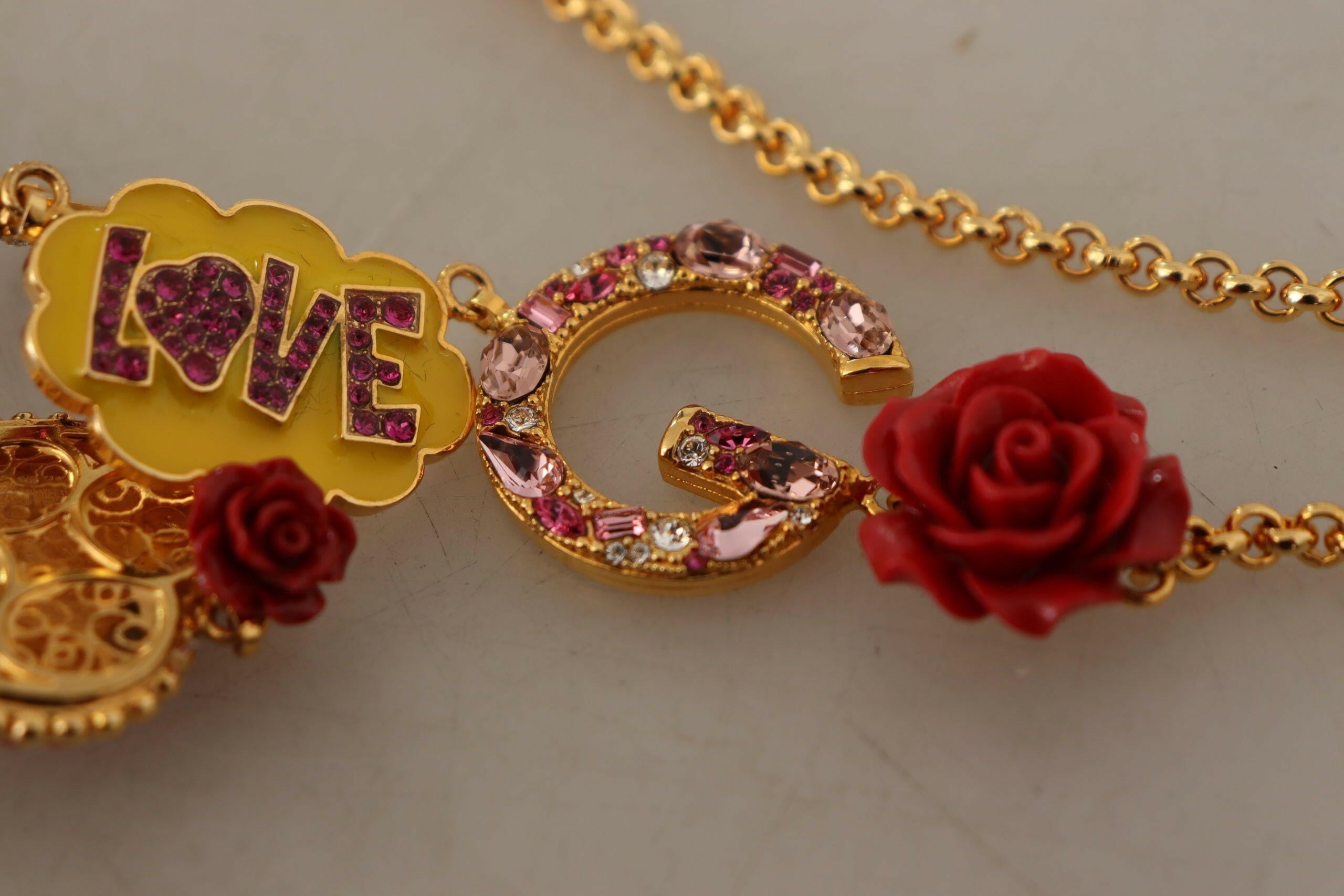 Dolce & Gabbana Gold Rose Love Crystal Charm Chain Necklace.