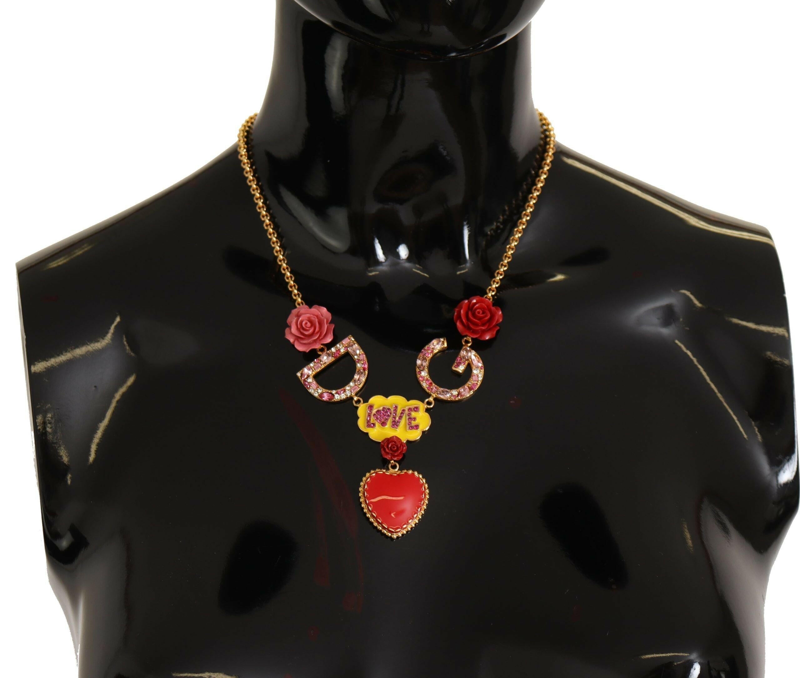 Dolce & Gabbana Gold Rose Love Crystal Charm Chain Necklace.