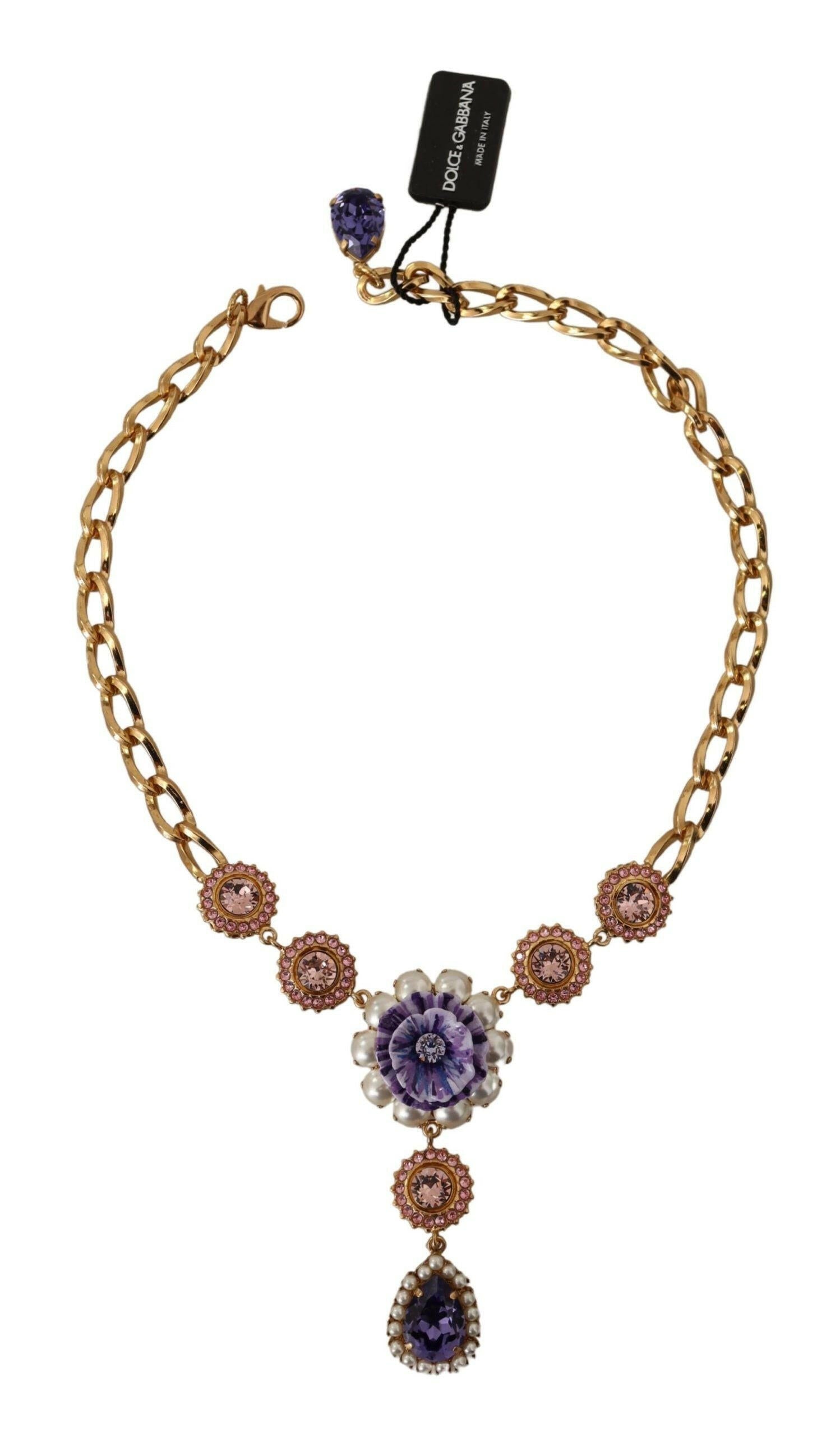 Dolce & Gabbana Gold Brass Crystal Purple Pink Pearl Pendants Necklace.