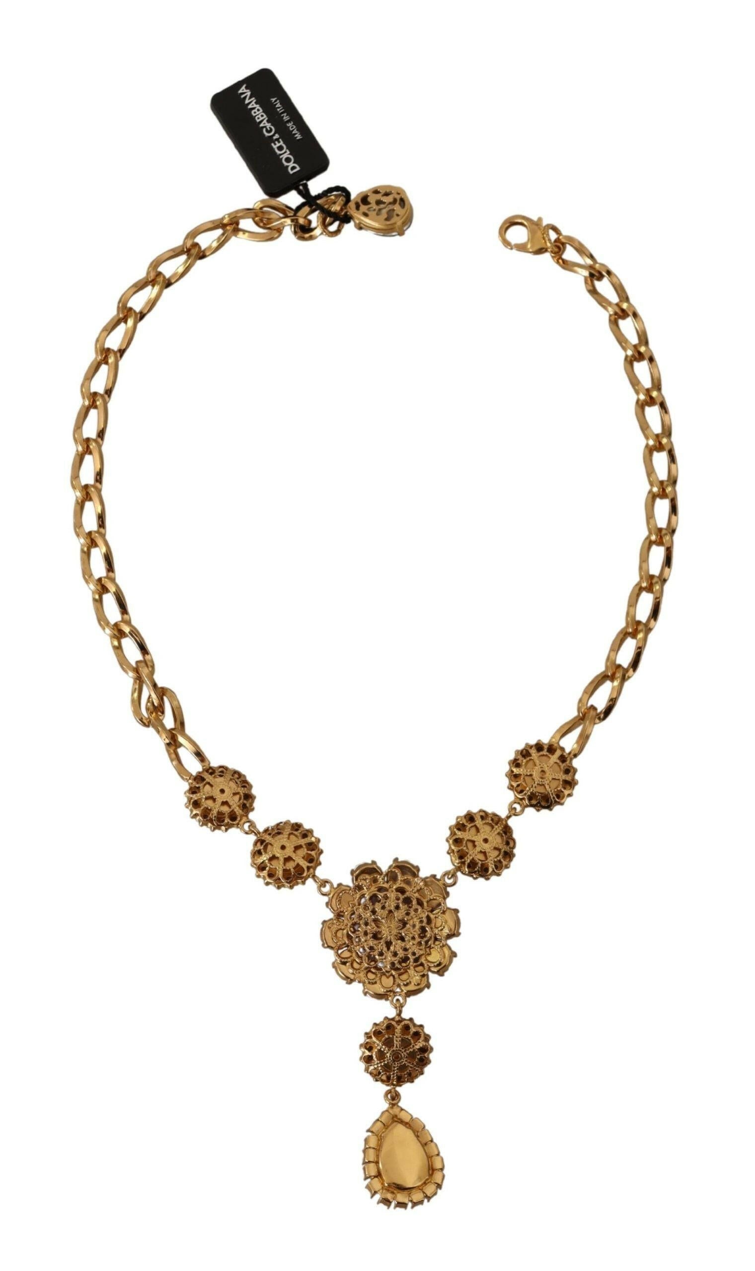 Dolce & Gabbana Gold Brass Crystal Purple Pink Pearl Pendants Necklace.
