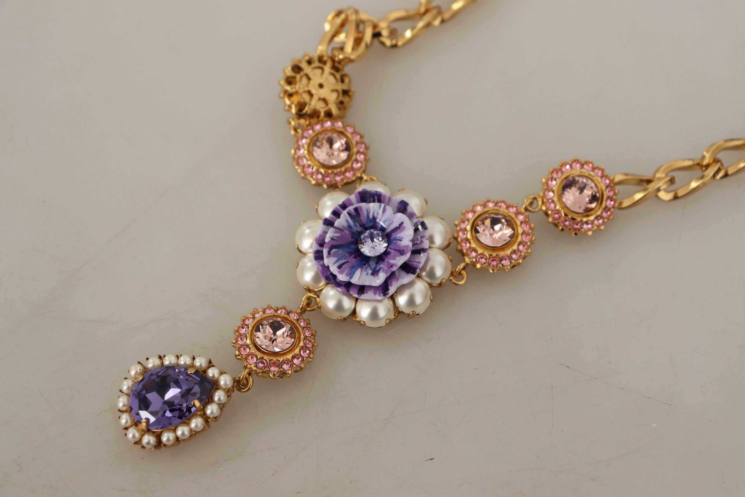 Dolce & Gabbana Gold Brass Crystal Purple Pink Pearl Pendants Necklace.