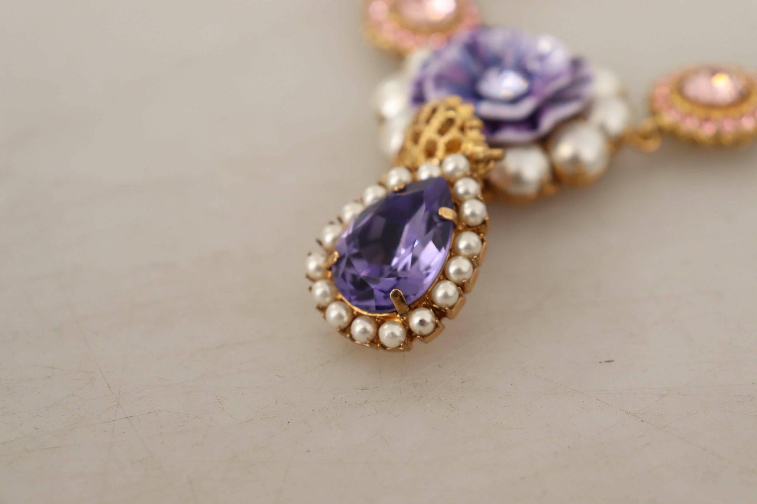 Dolce & Gabbana Gold Brass Crystal Purple Pink Pearl Pendants Necklace.