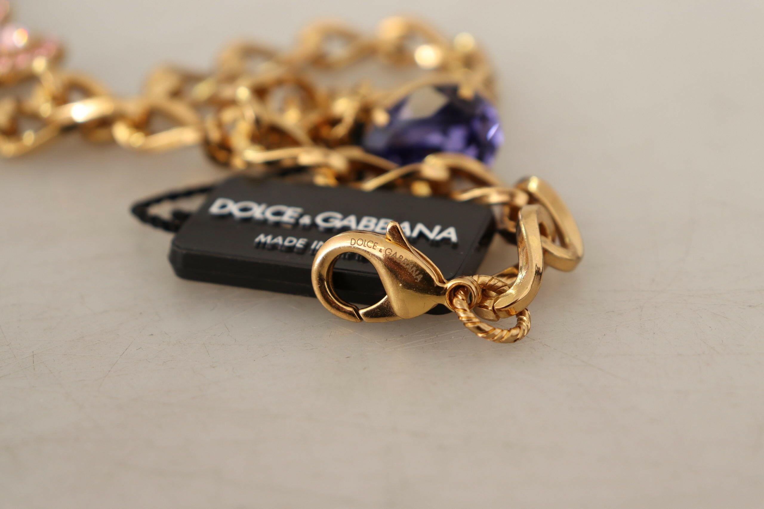 Dolce & Gabbana Gold Brass Crystal Purple Pink Pearl Pendants Necklace.