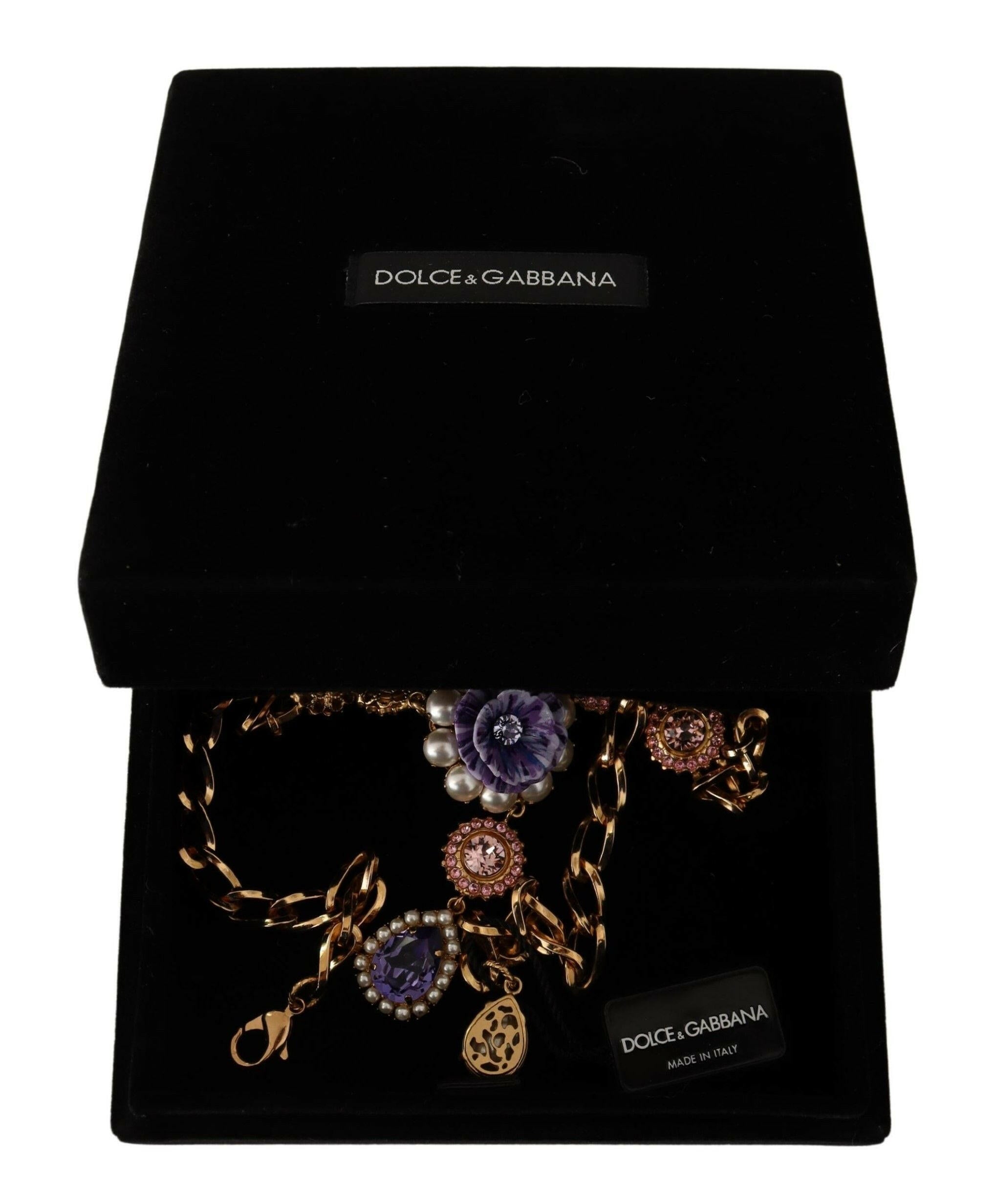 Dolce & Gabbana Gold Brass Crystal Purple Pink Pearl Pendants Necklace.