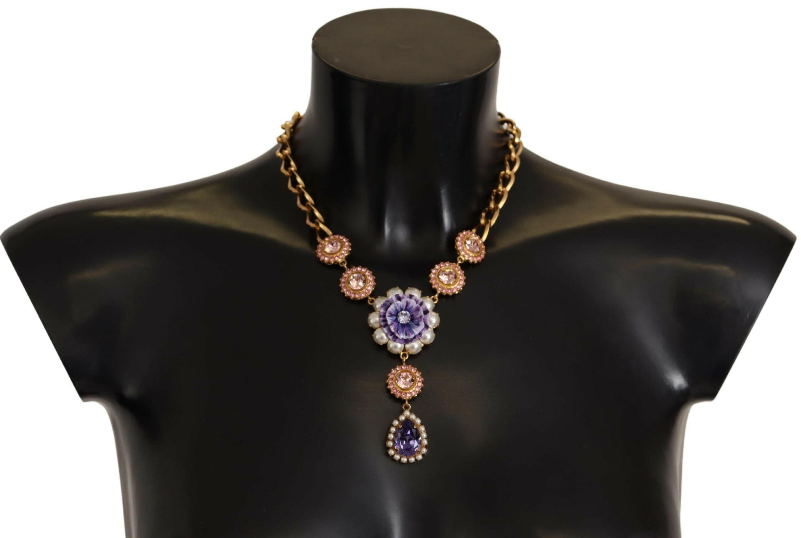 Dolce & Gabbana Gold Brass Crystal Purple Pink Pearl Pendants Necklace.