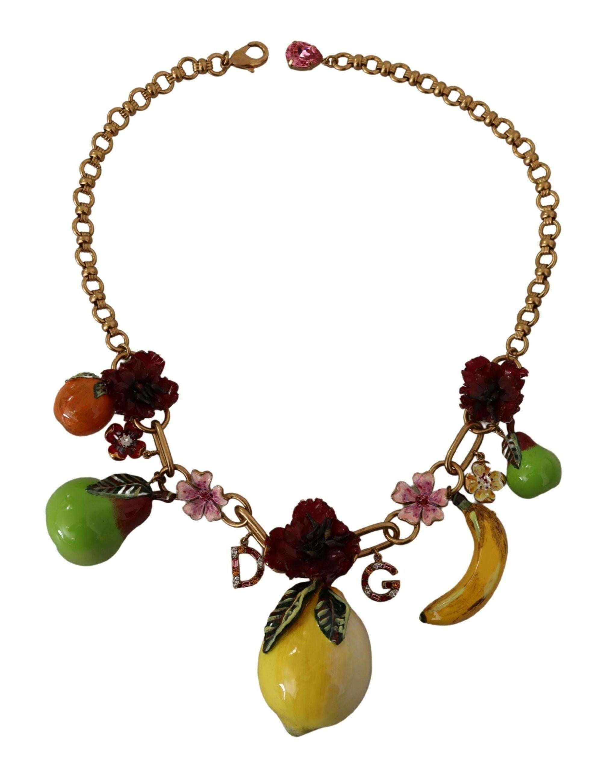 Dolce & Gabbana Gold Brass Sicily Fruits Roses Statement Necklace.