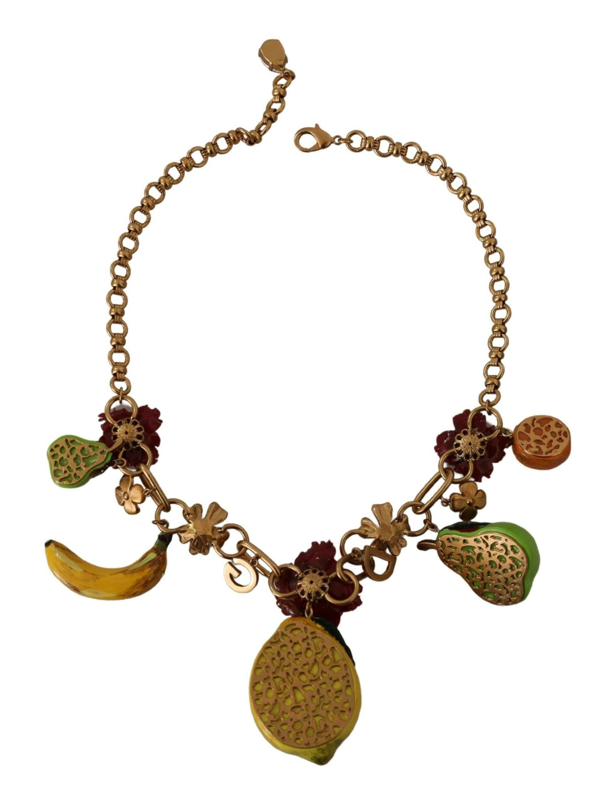 Dolce & Gabbana Gold Brass Sicily Fruits Roses Statement Necklace.