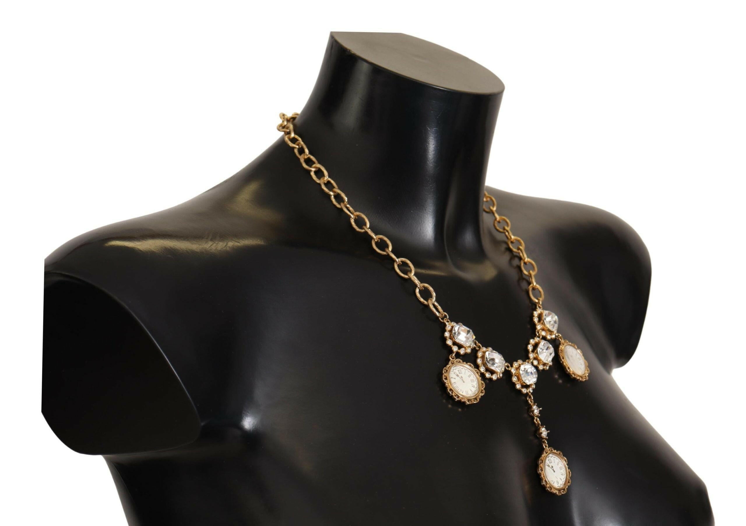 Dolce & Gabbana Gold Clock Statement Crystal Chain Necklace.