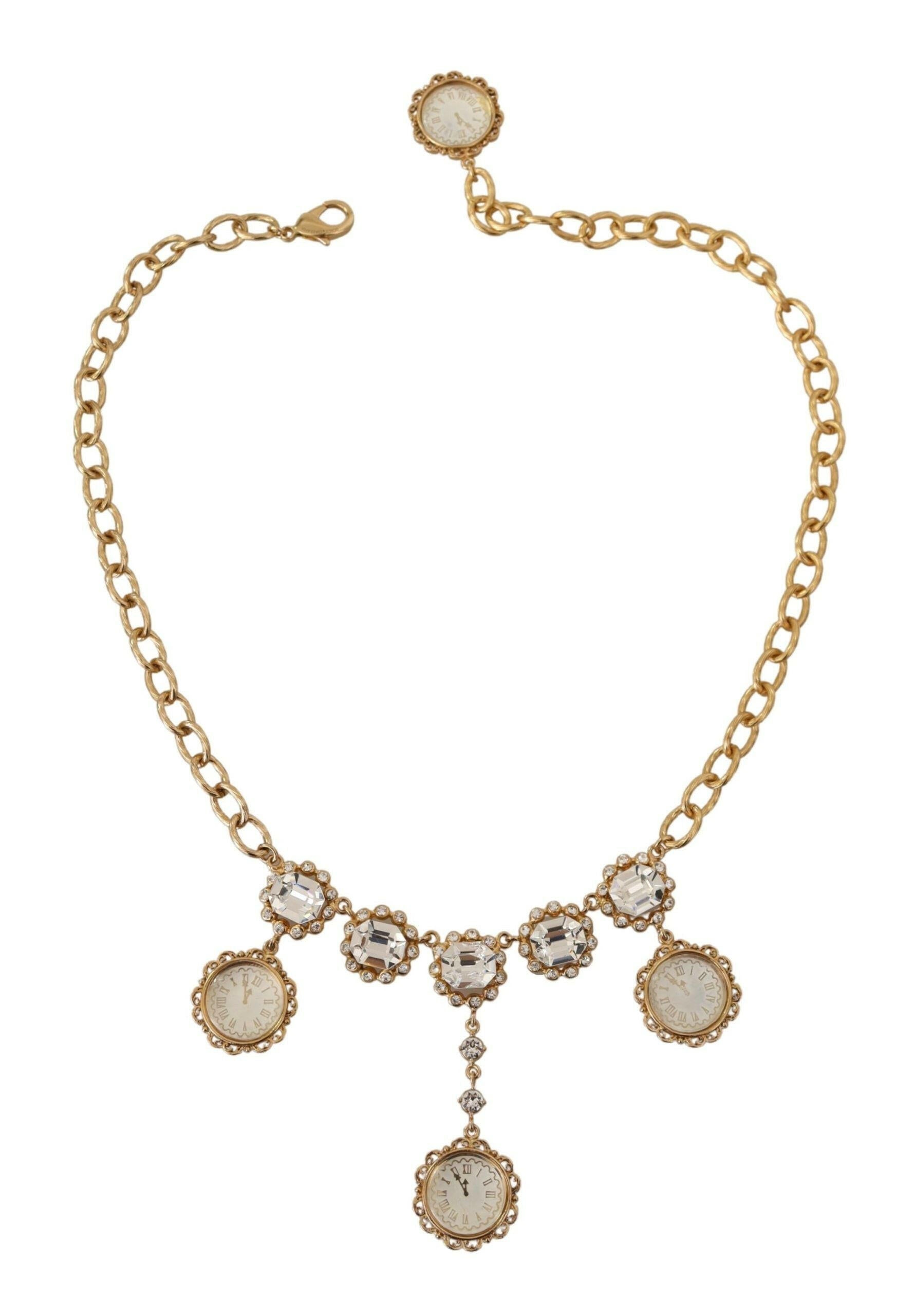 Dolce & Gabbana Gold Clock Statement Crystal Chain Necklace.