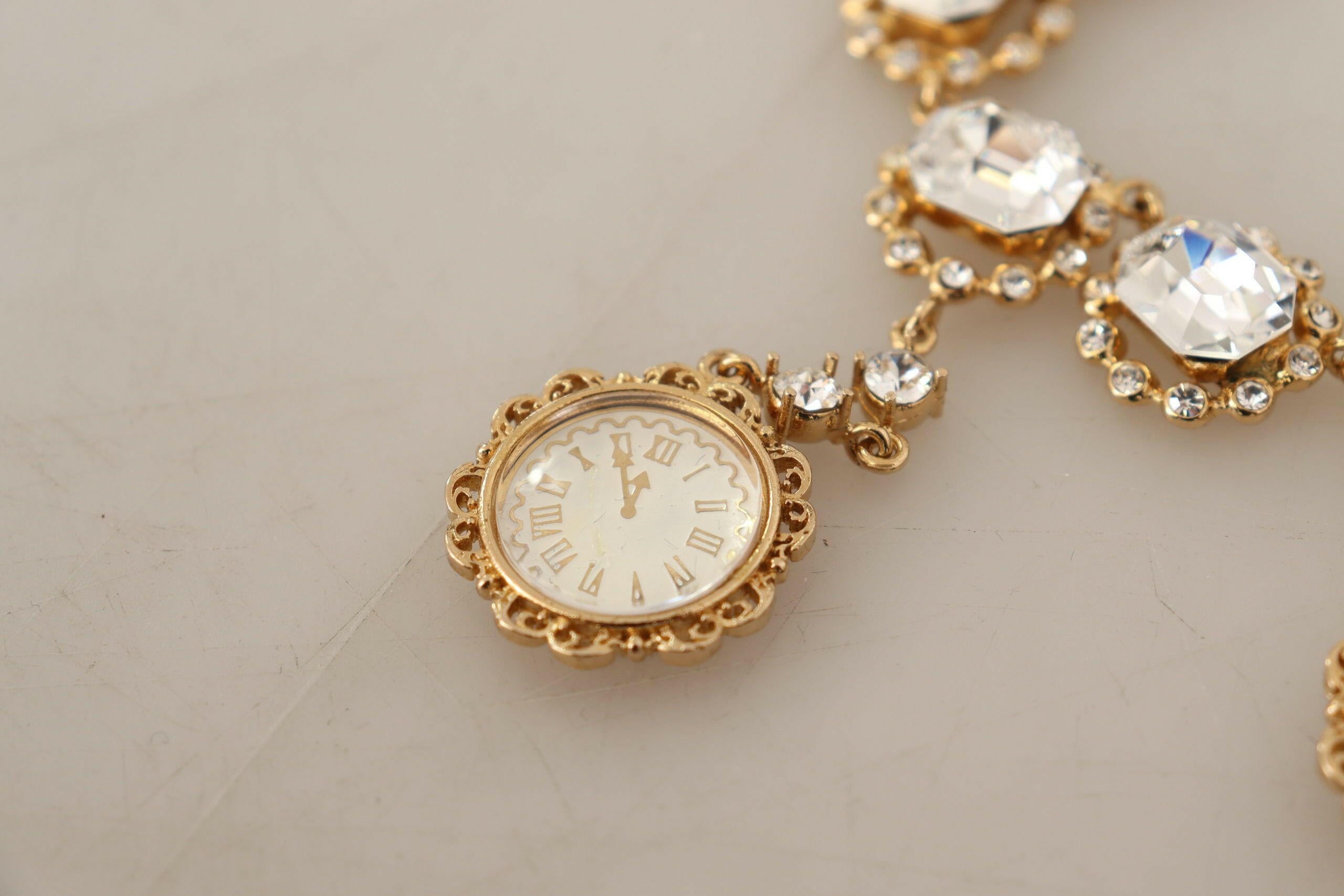 Dolce & Gabbana Gold Clock Statement Crystal Chain Necklace.