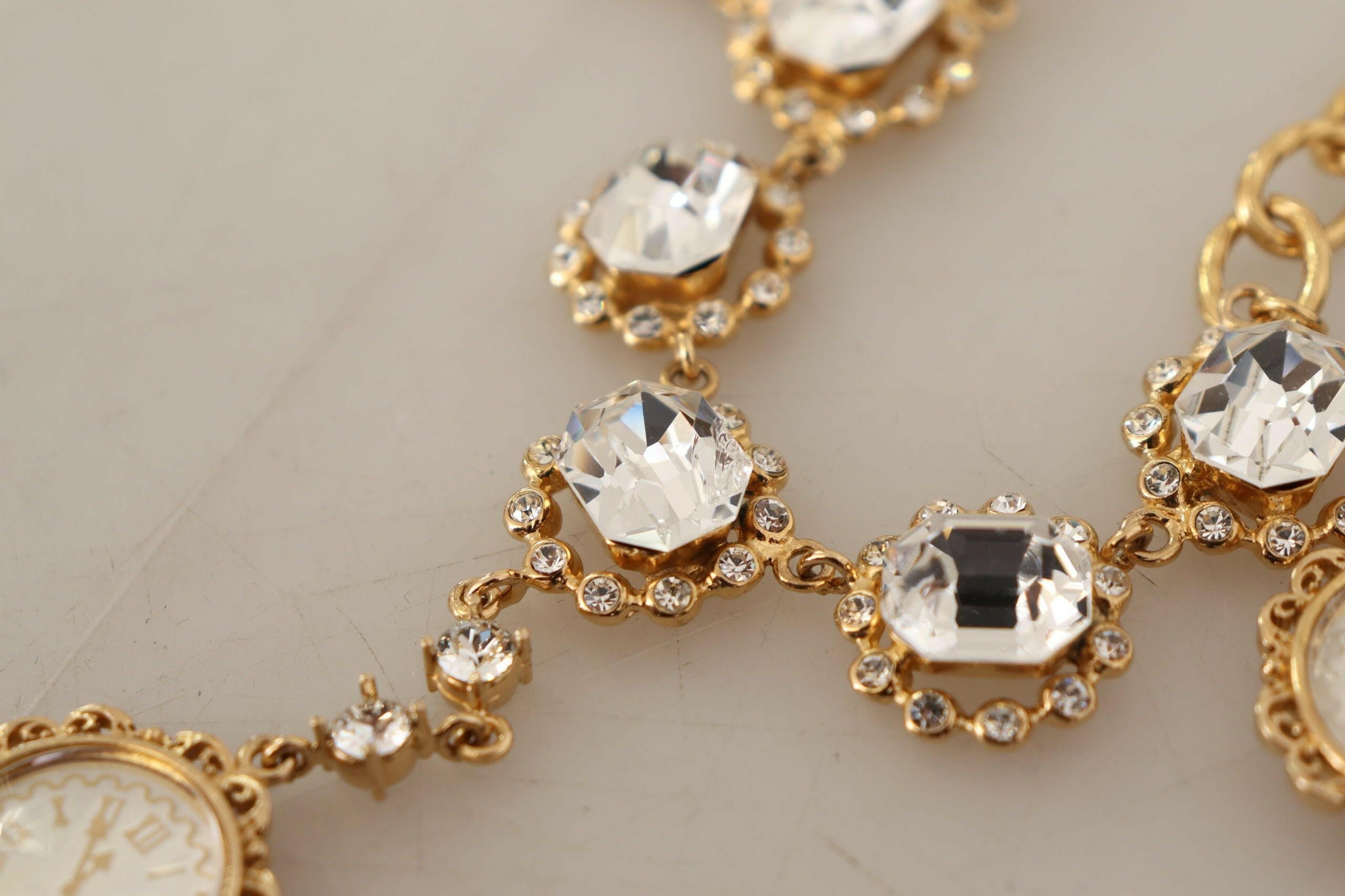 Dolce & Gabbana Gold Clock Statement Crystal Chain Necklace.