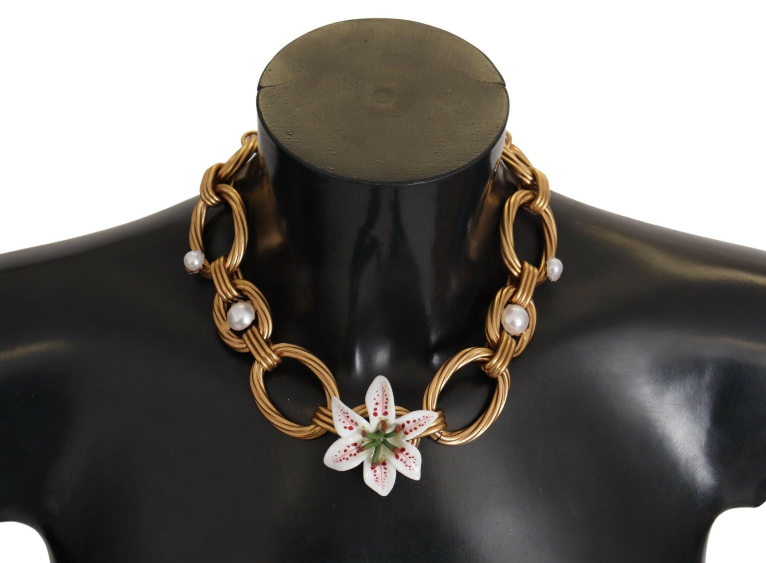 Dolce & Gabbana Gold White Lily Floral Chain Statement Necklace.