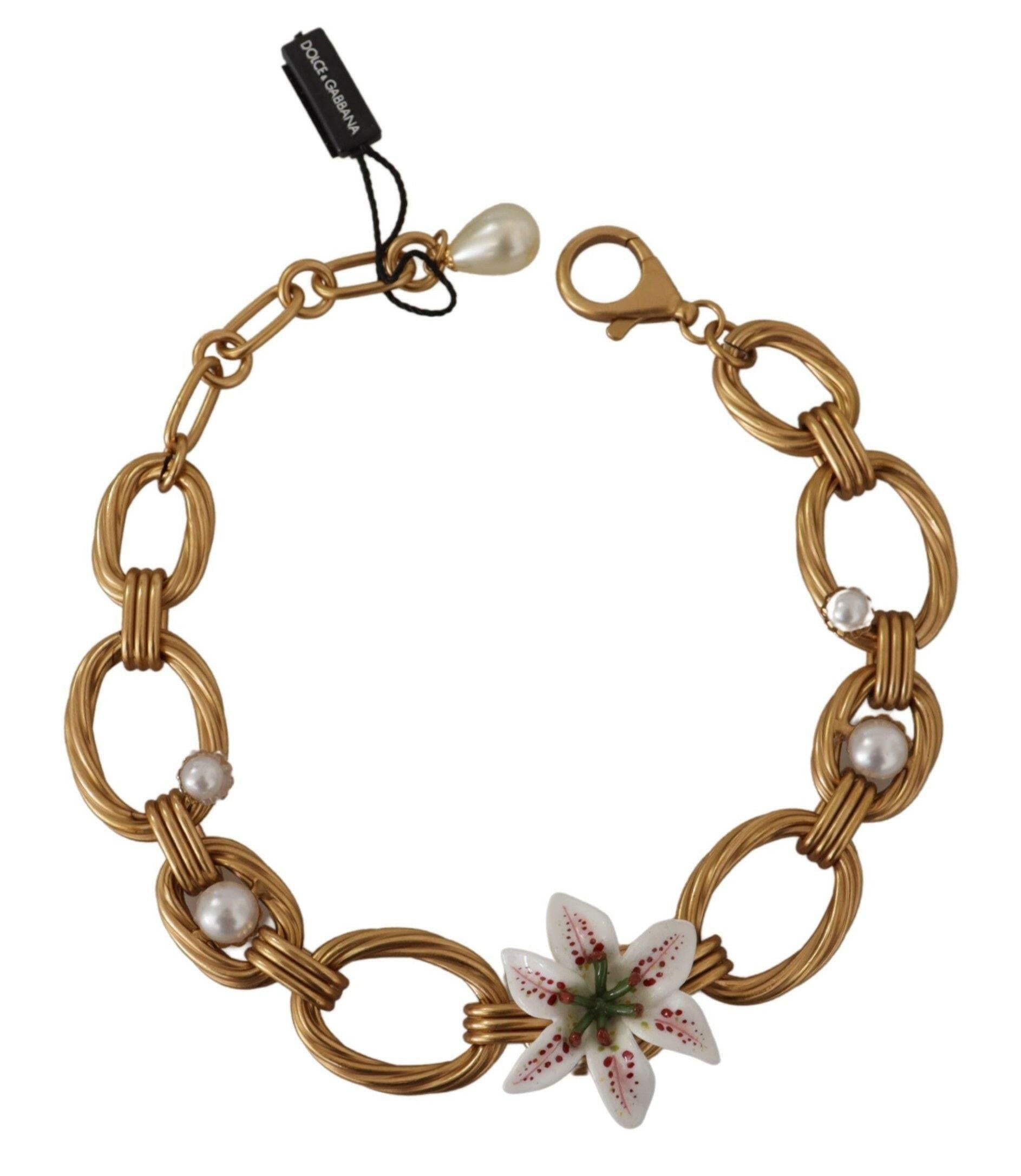 Dolce & Gabbana Gold White Lily Floral Chain Statement Necklace.