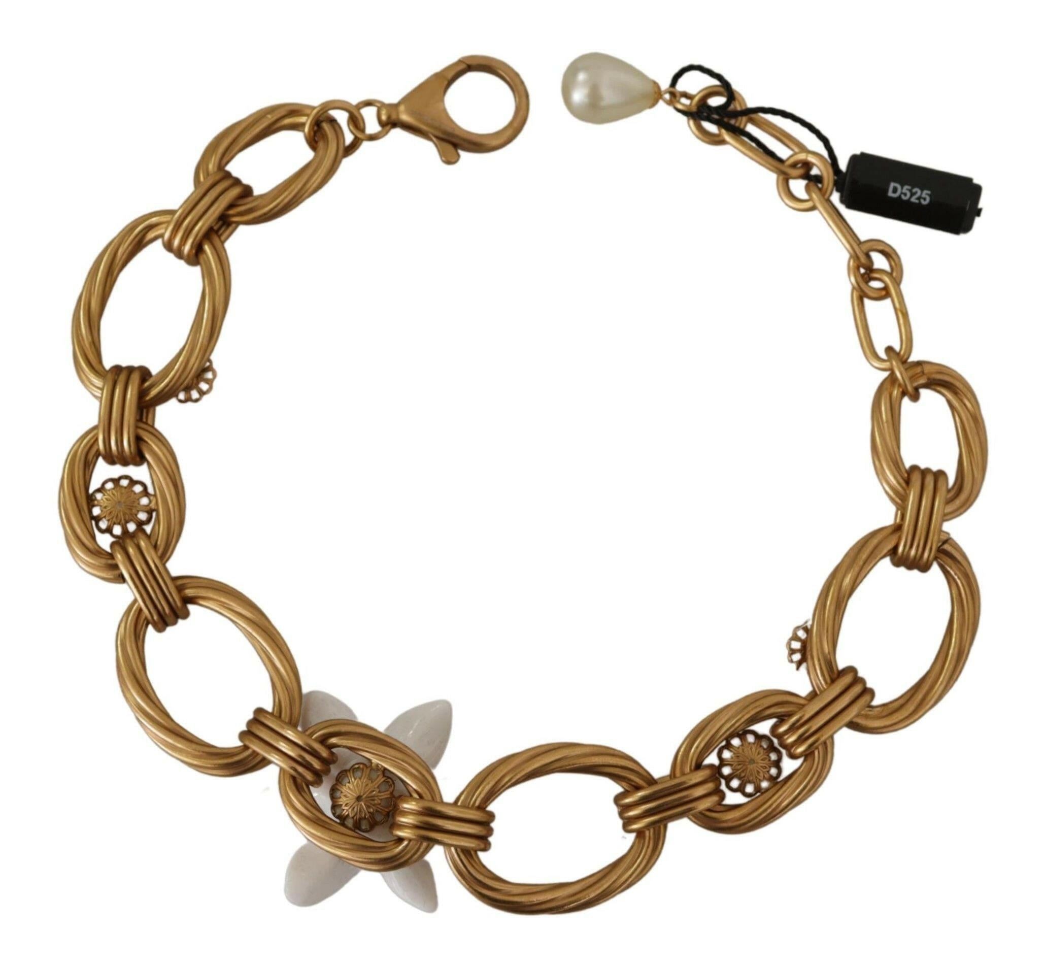 Dolce & Gabbana Gold White Lily Floral Chain Statement Necklace.
