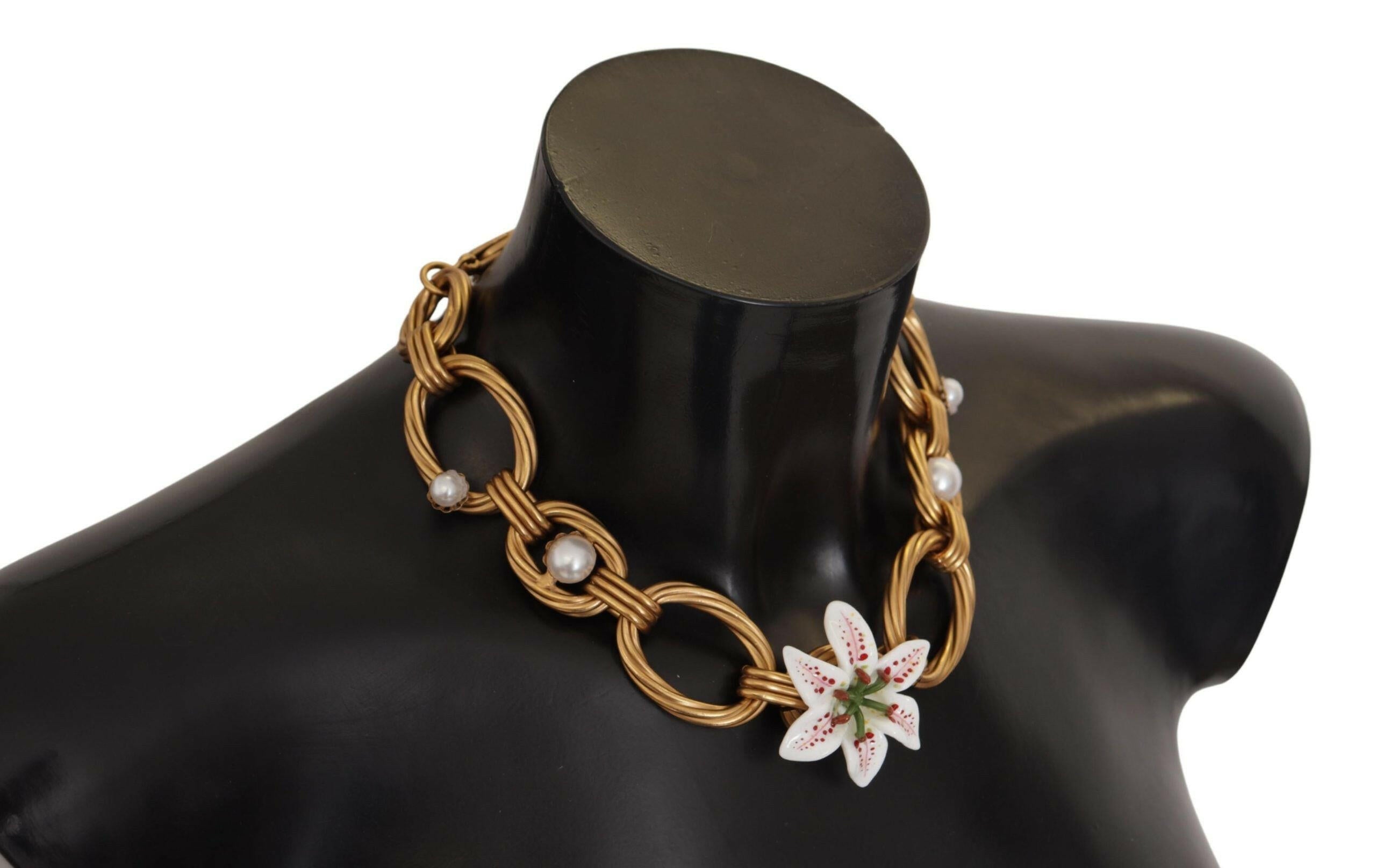 Dolce & Gabbana Gold White Lily Floral Chain Statement Necklace.