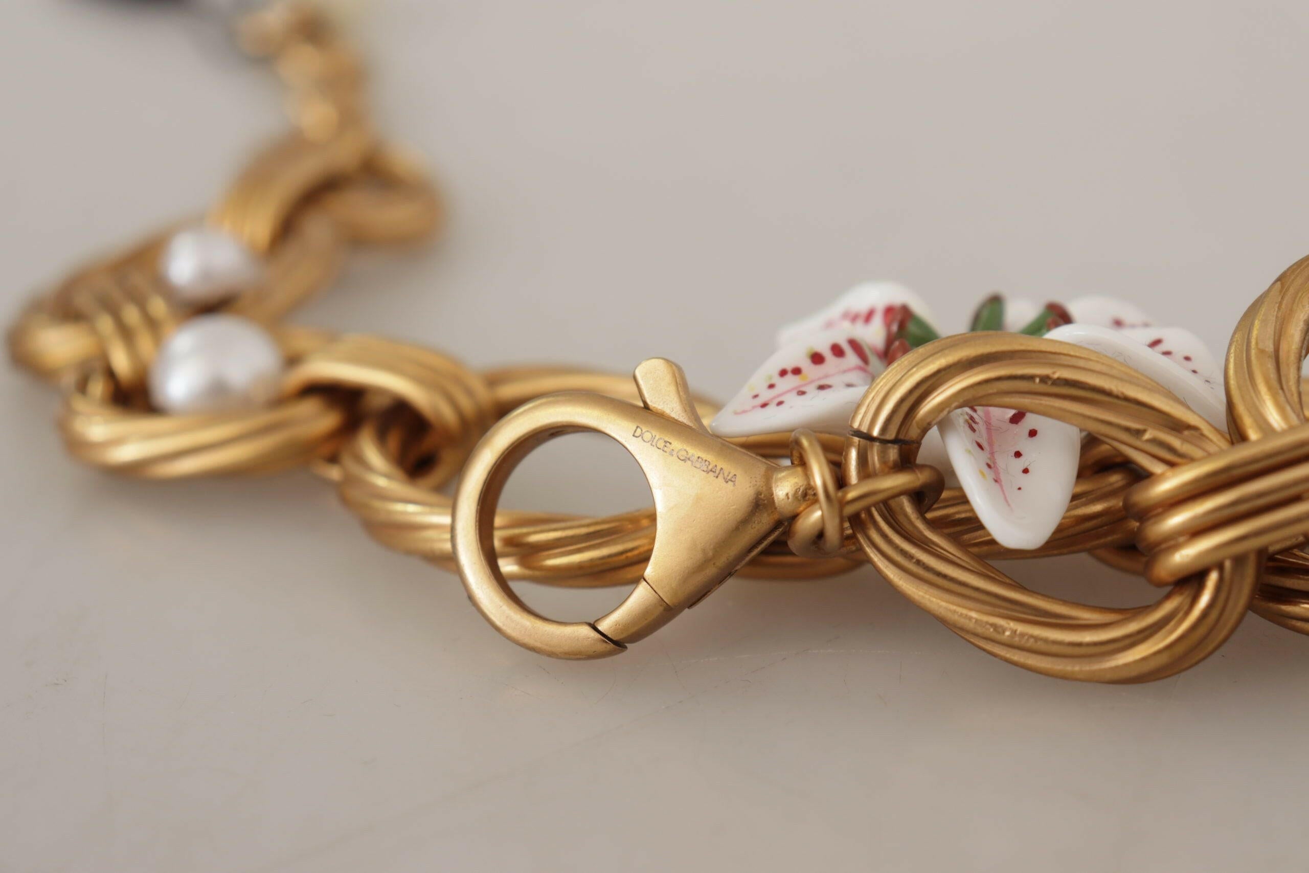 Dolce & Gabbana Gold White Lily Floral Chain Statement Necklace.